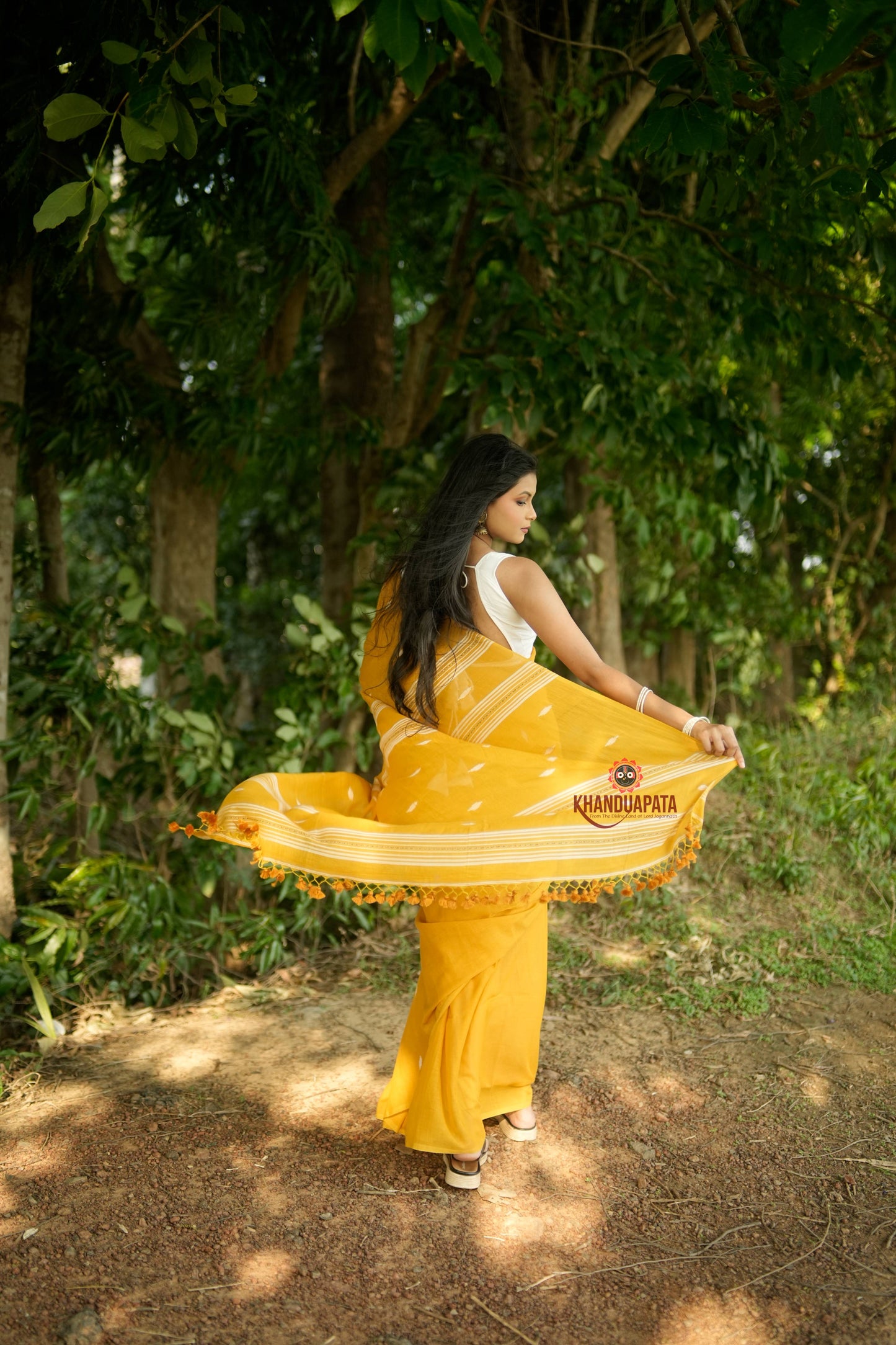 White & Mustard Yellow Leaf Pattern Cotton Saree For Women