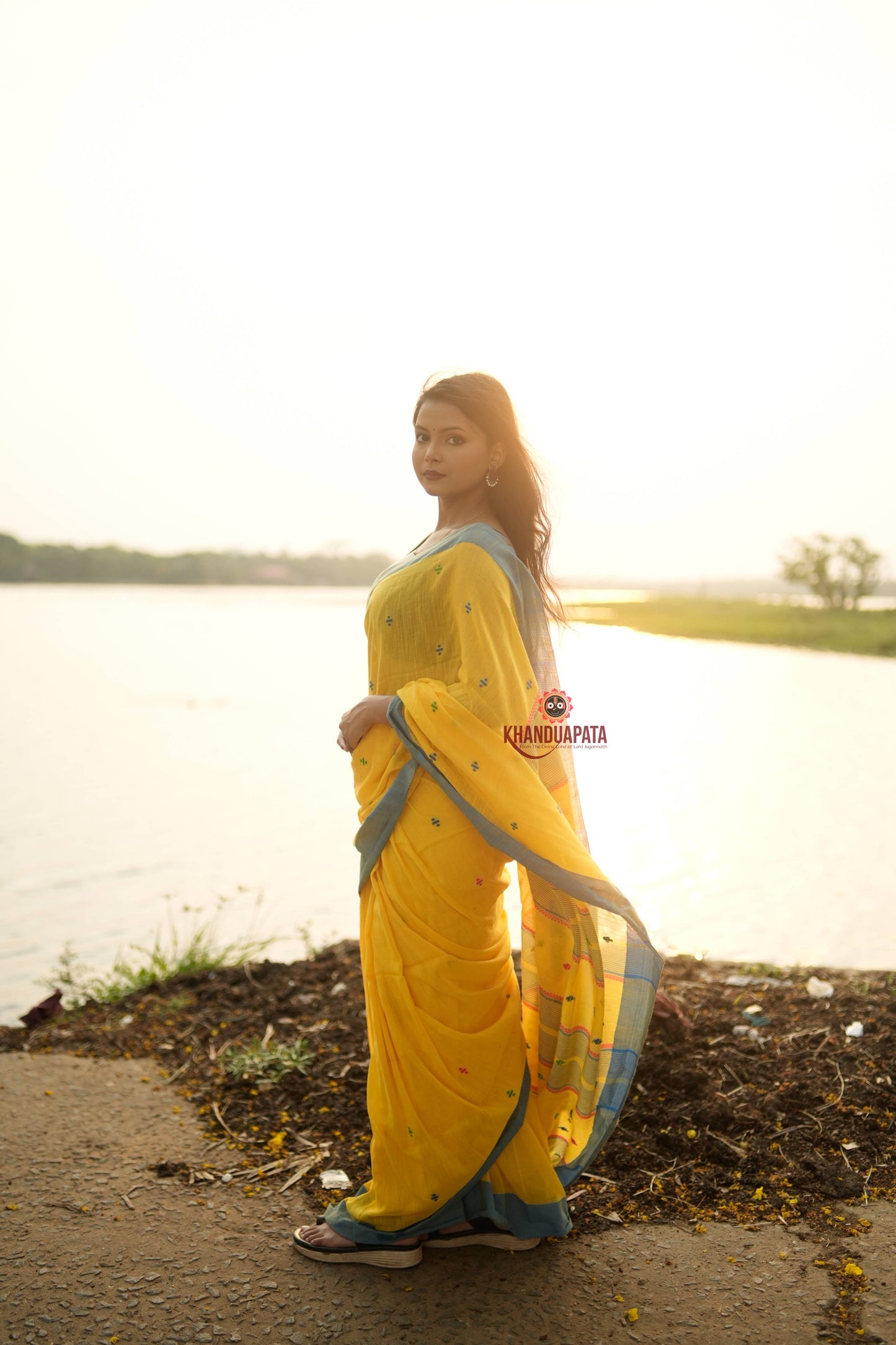 Yellow and Soft Blue Colourful Dot Pattern Cotton Saree For Women