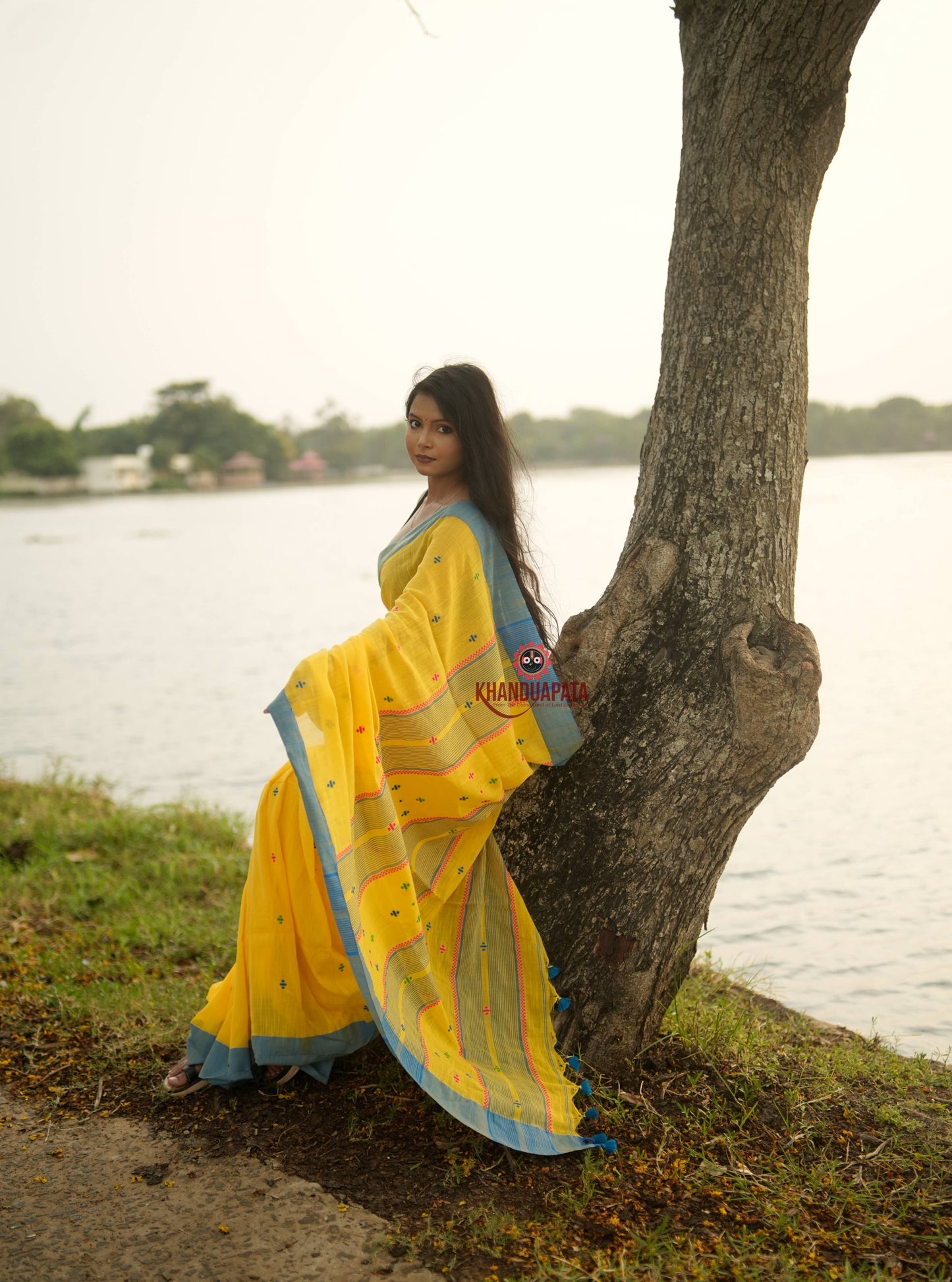 Yellow and Soft Blue Colourful Dot Pattern Cotton Saree For Women