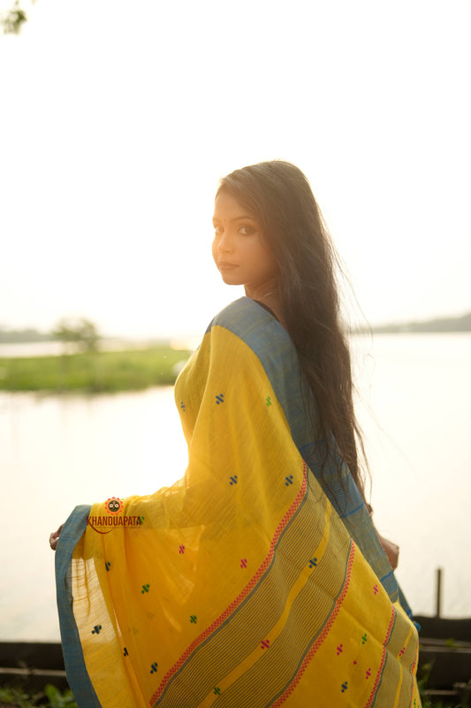 Yellow and Soft Blue Colourful Dot Pattern Cotton Saree For Women