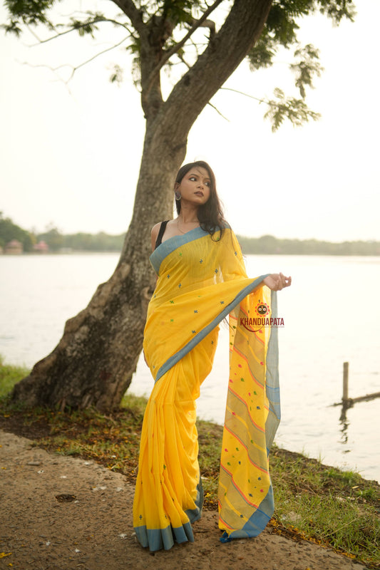 Yellow and Soft Blue Colourful Dot Pattern Cotton Saree For Women