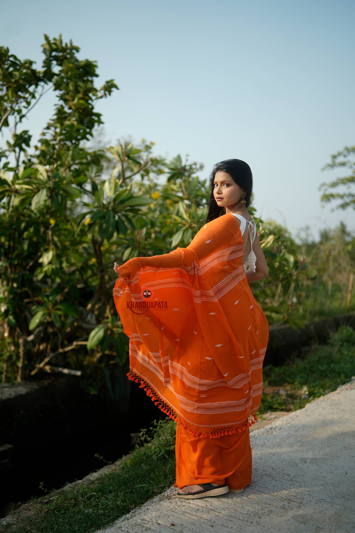 Orange and White Leaf Pattern Cotton Saree For Women