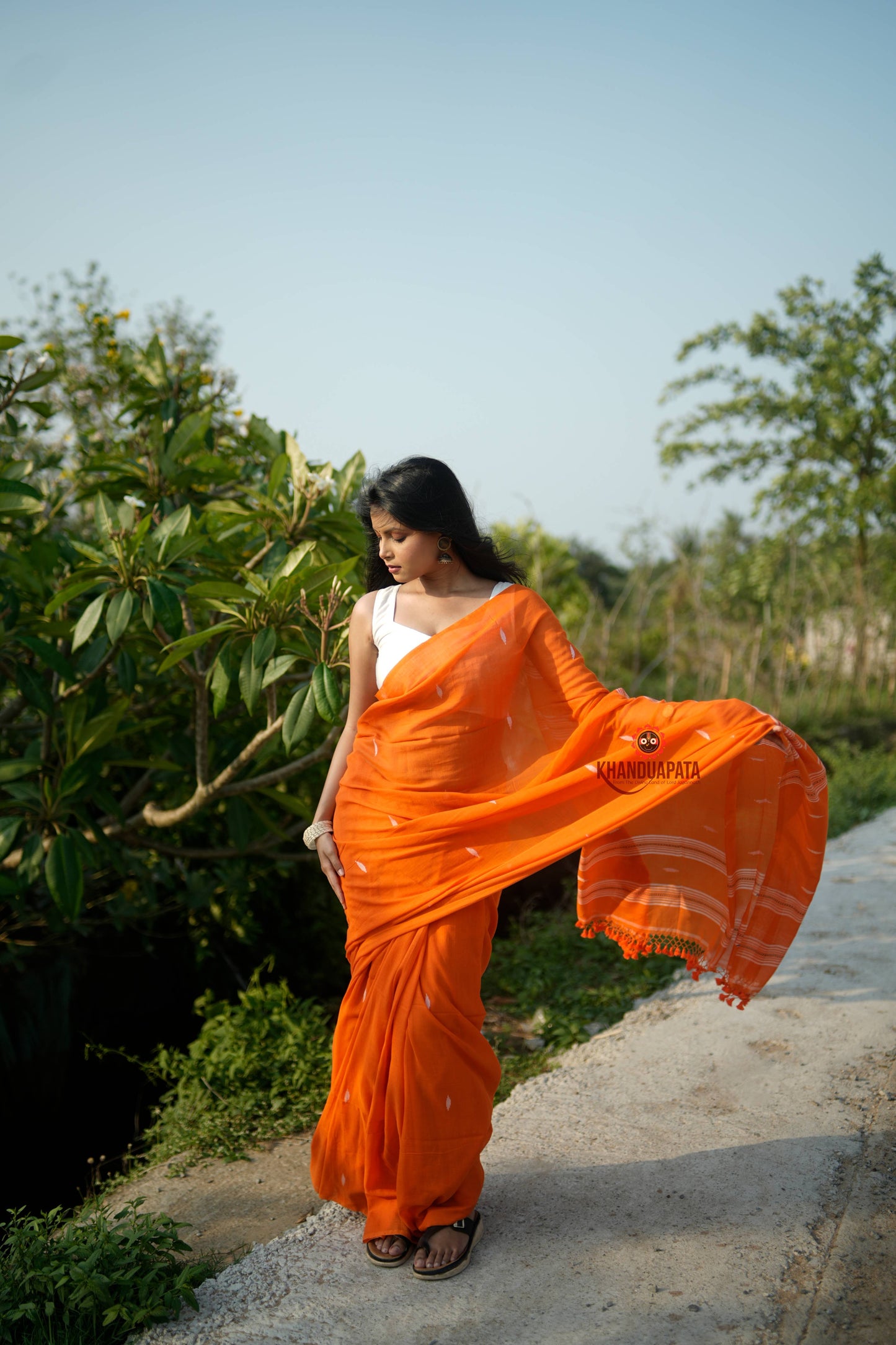 Orange and White Leaf Pattern Cotton Saree For Women