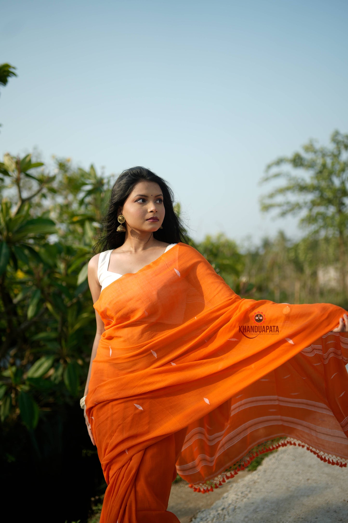 Orange and White Leaf Pattern Cotton Saree For Women