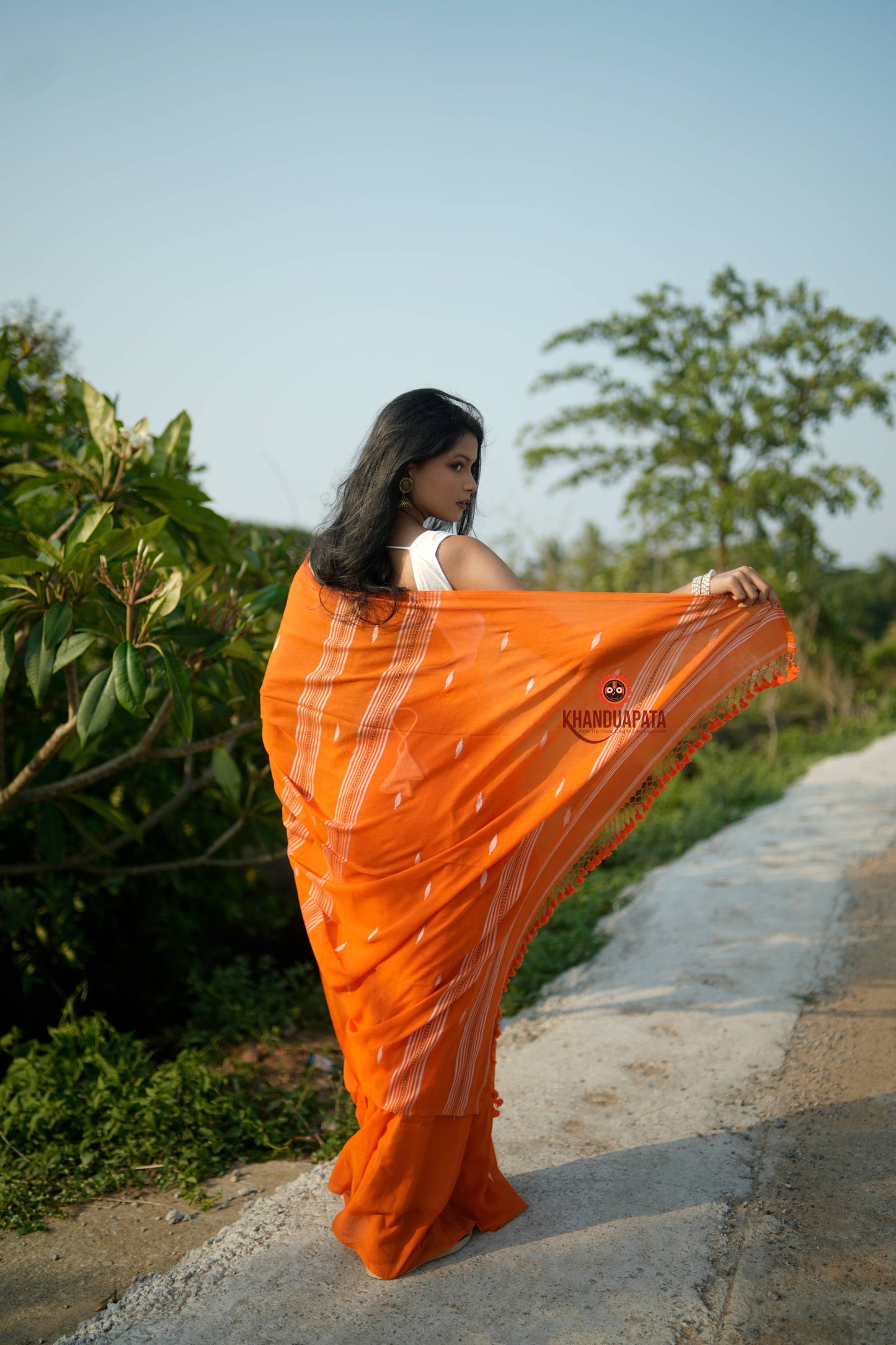 Orange and White Leaf Pattern Cotton Saree For Women