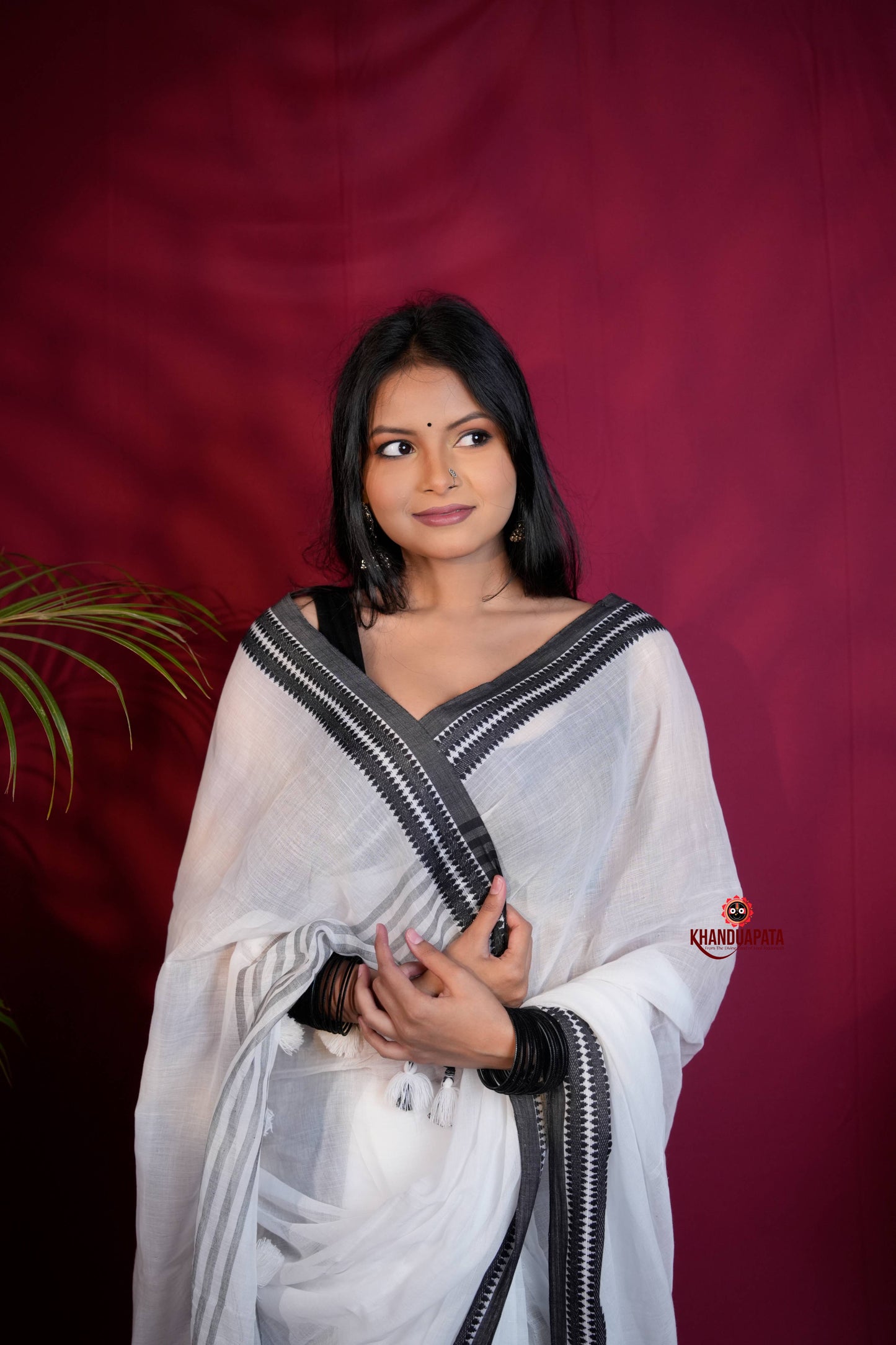 White and Black Colour Plain Cotton Saree For Women