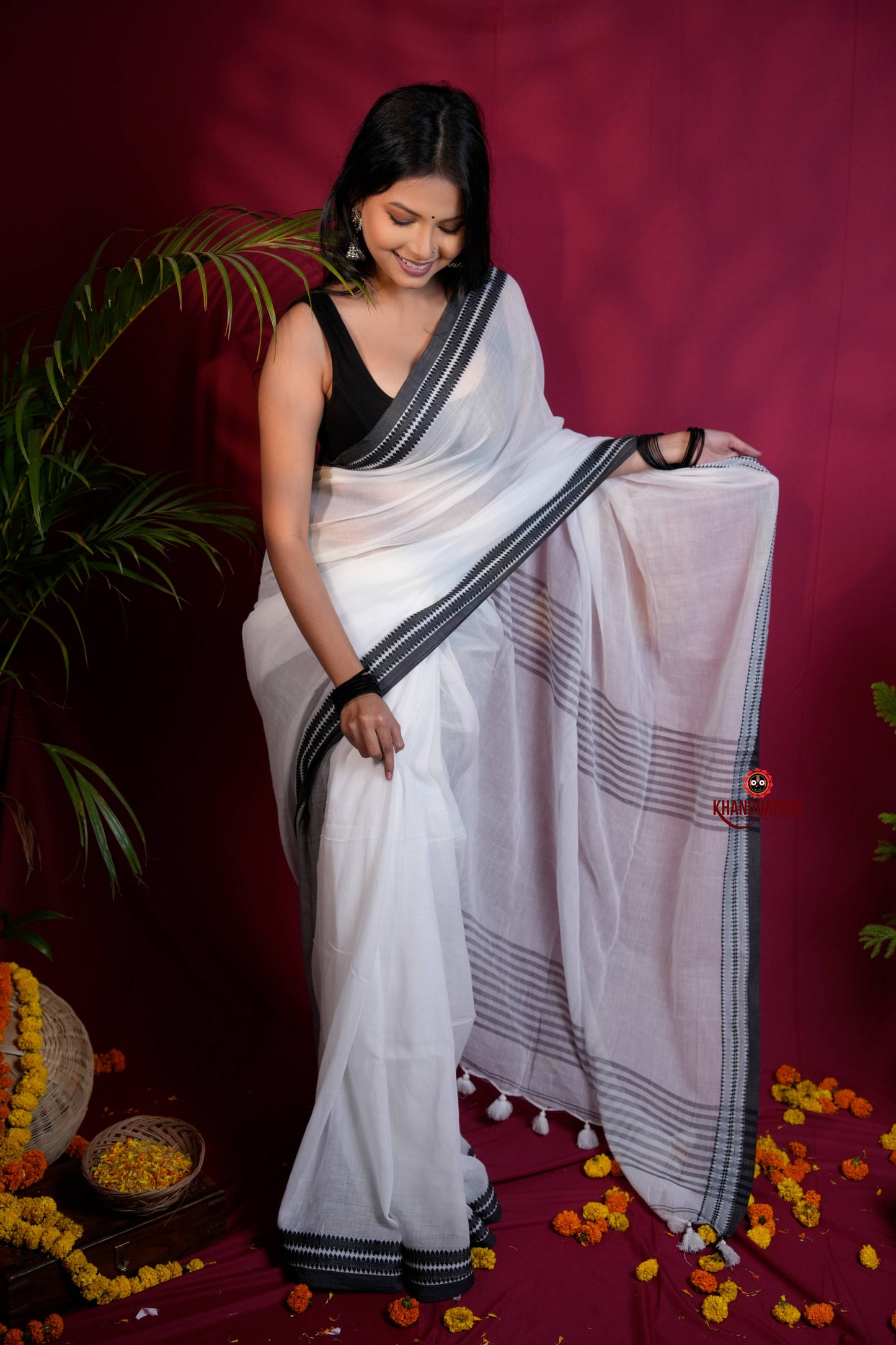 White and Black Colour Plain Cotton Saree For Women