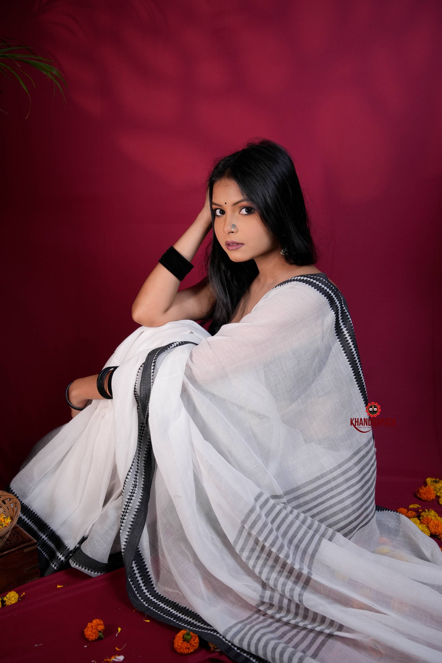 White and Black Colour Plain Cotton Saree For Women