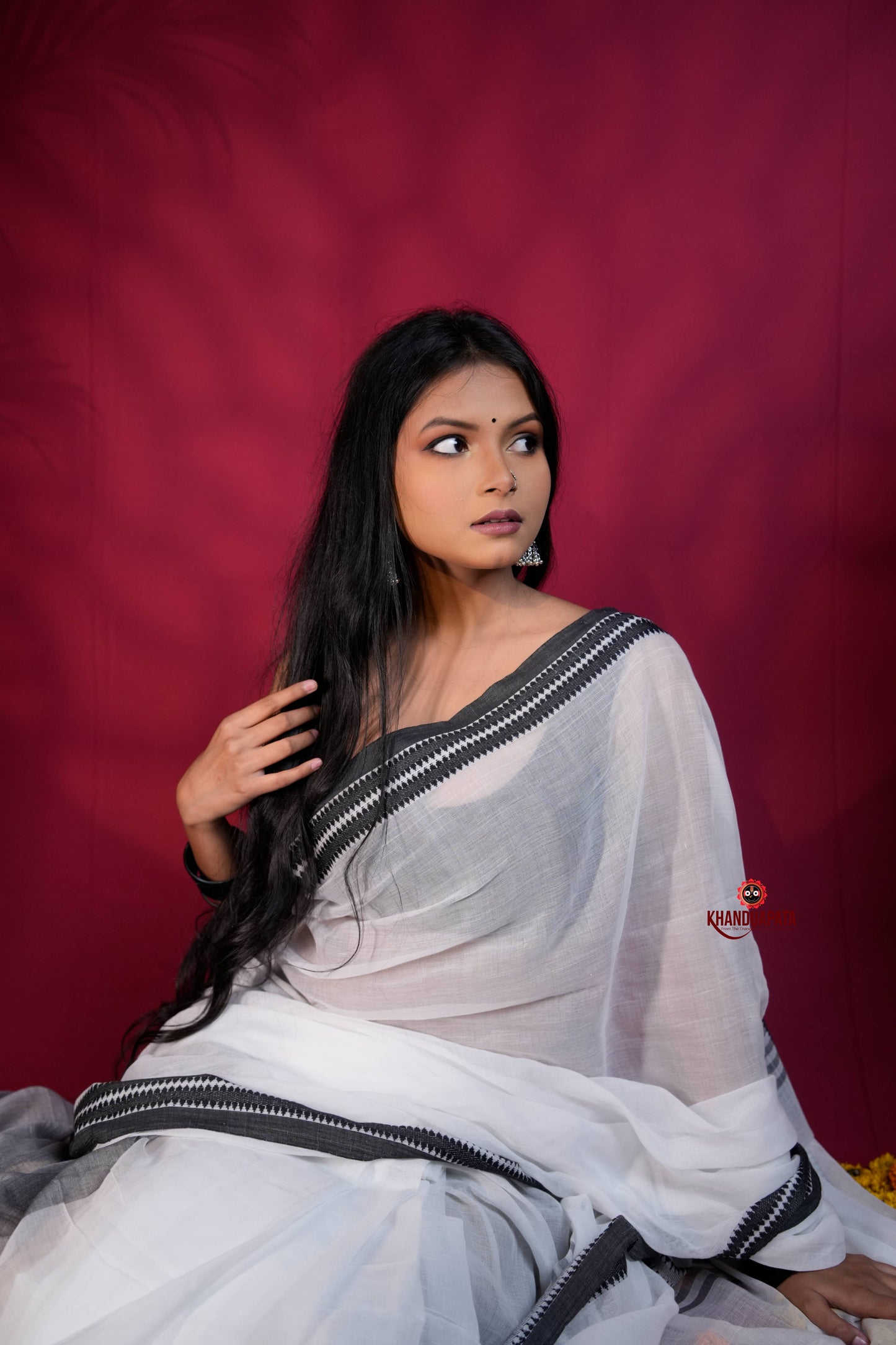 White and Black Colour Plain Cotton Saree For Women