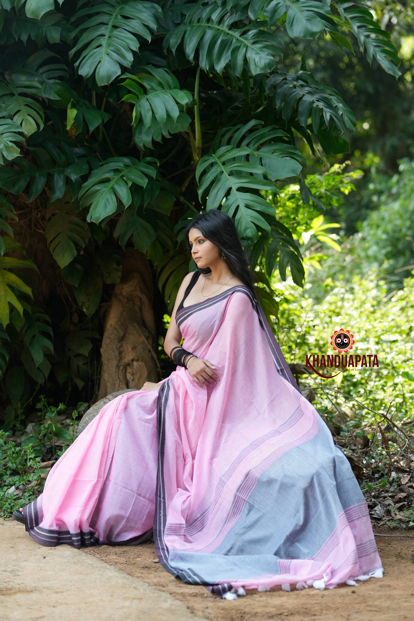 Pink and Black Colour Plain Cotton Saree For Women