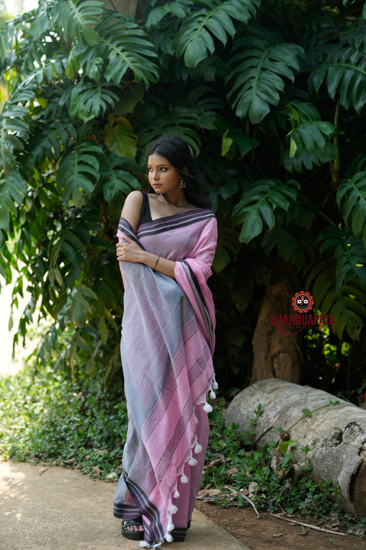 Pink and Black Colour Plain Cotton Saree For Women