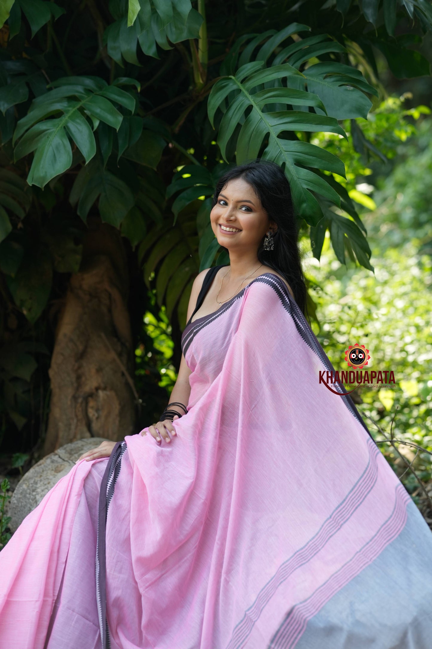 Pink and Black Colour Plain Cotton Saree For Women