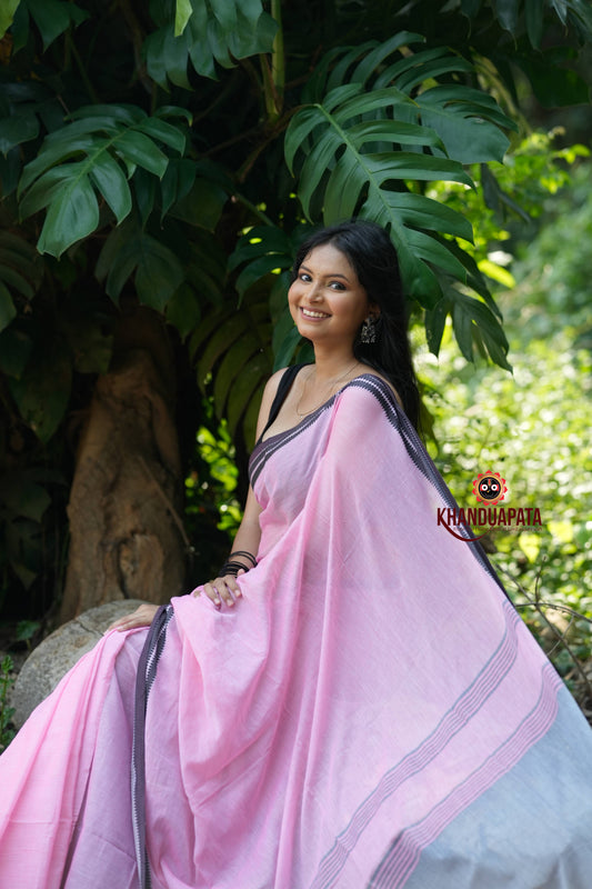 Pink and Black Colour Plain Cotton Saree For Women