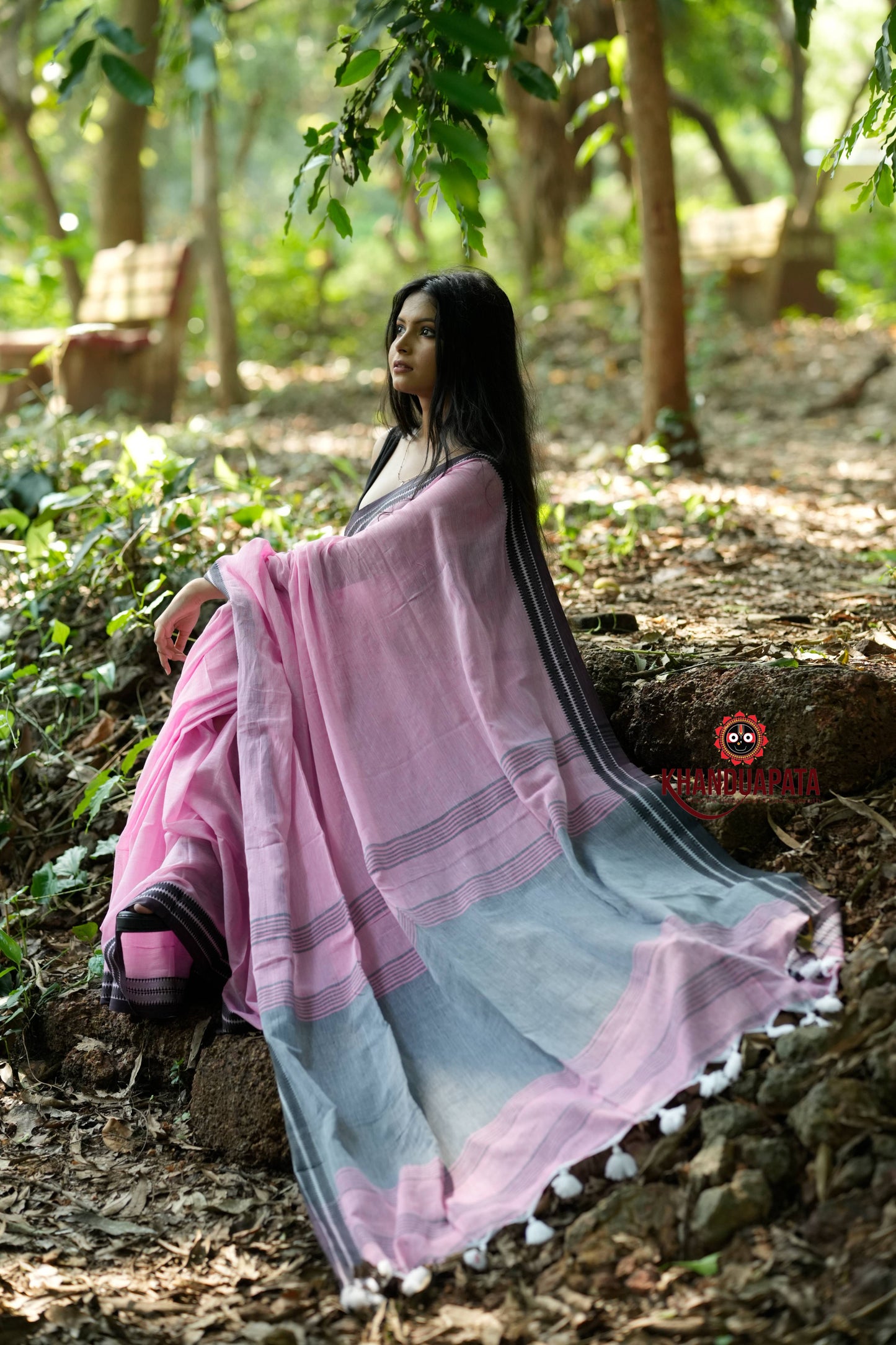Pink and Black Colour Plain Cotton Saree For Women