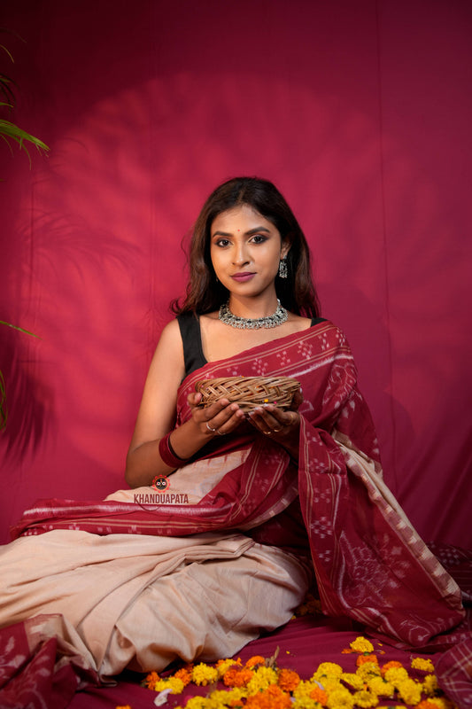 Woman in a red saree holding a basket against a red background