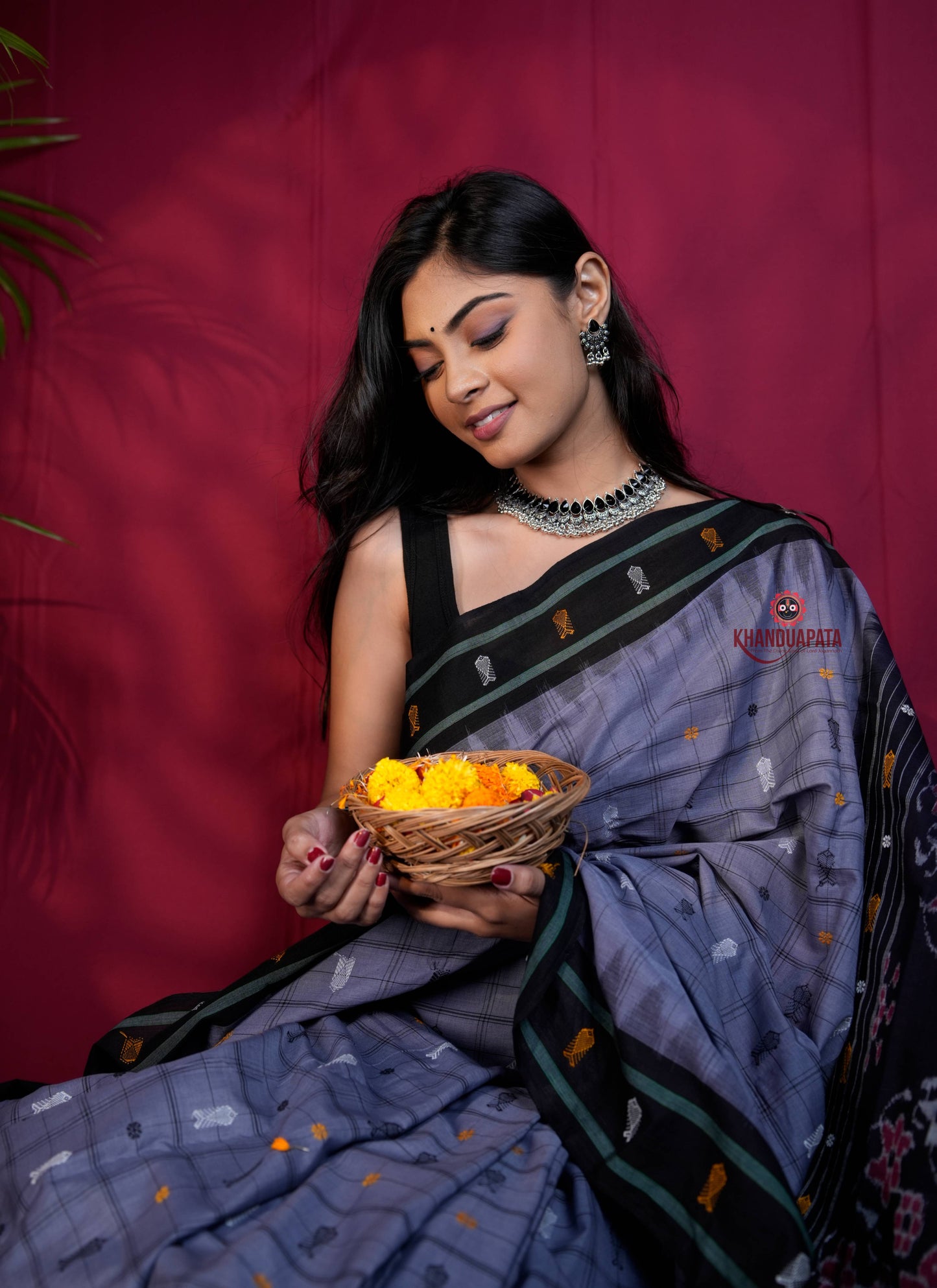 Grey & Black Colour Fish Design Cotton Saree For Women