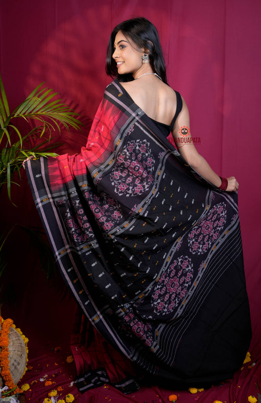 Red & Black Colour Fish Design Cotton Saree For Women