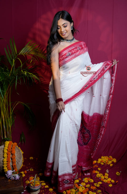 White & Red Colour Dot Design Cotton Saree For Women