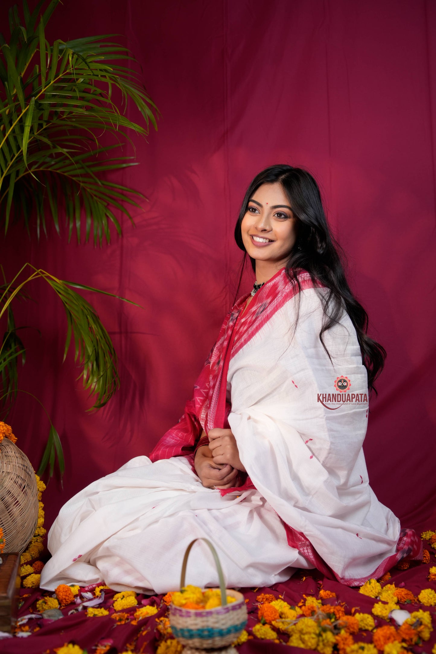 White & Red Colour Dot Design Cotton Saree For Women
