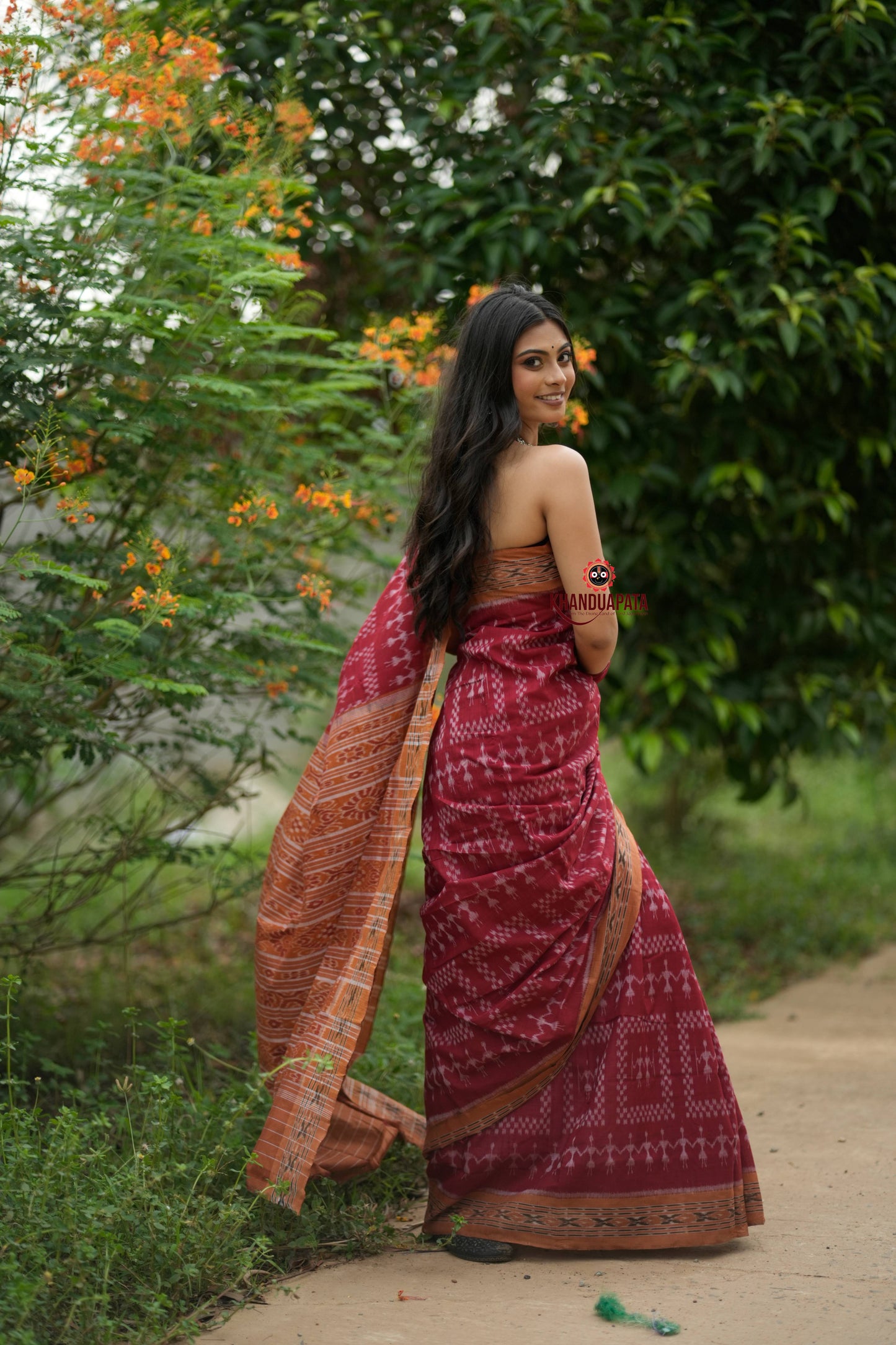 Maroon & Orange Colour Tribal Design Cotton Saree For Women