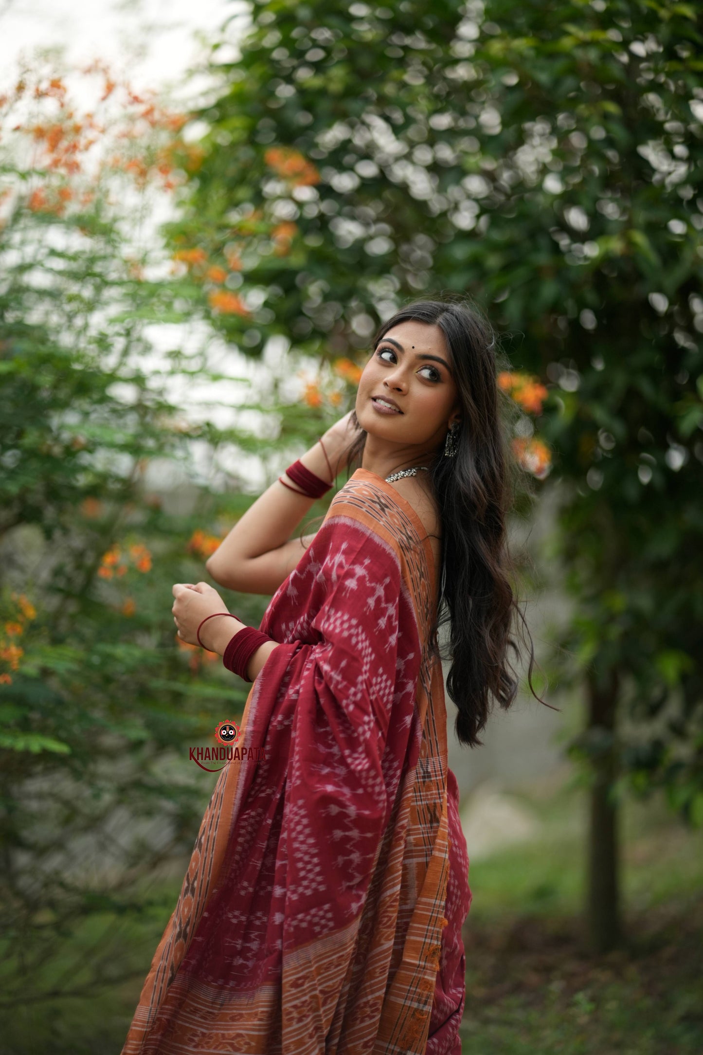 Maroon & Orange Colour Tribal Design Cotton Saree For Women