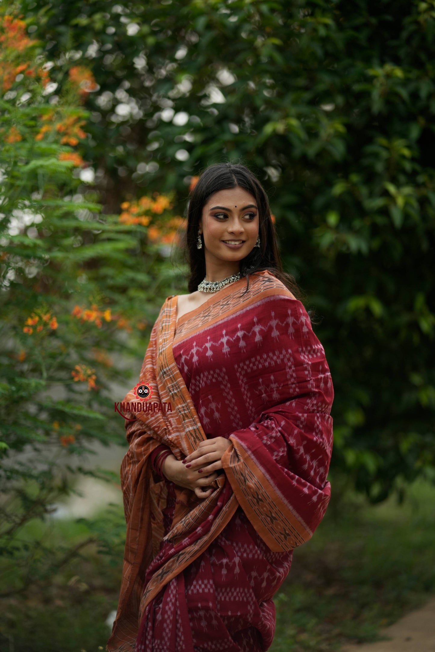 Maroon & Orange Colour Tribal Design Cotton Saree For Women