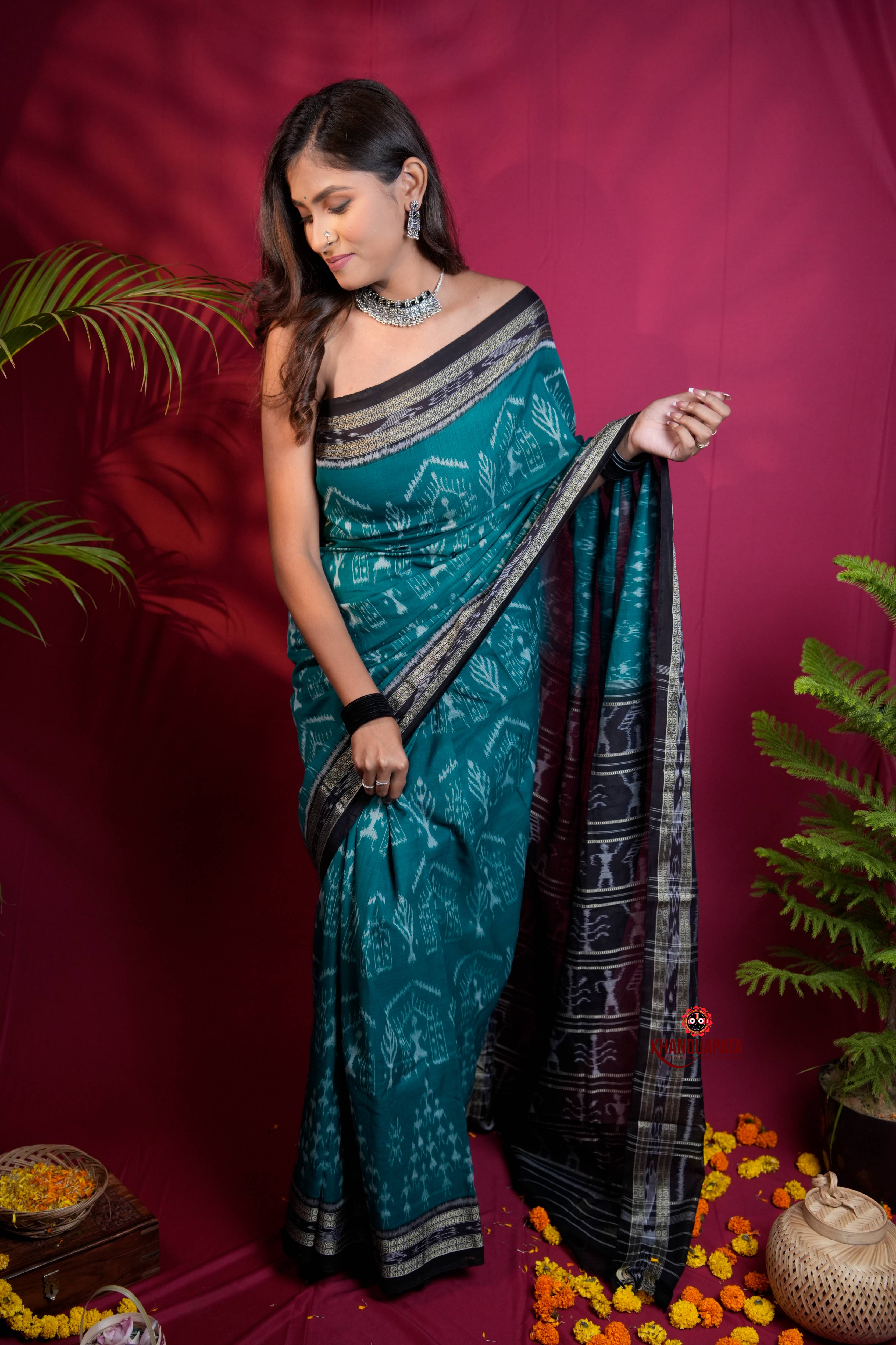Black & Turquoise Blue Colour Tribal Design Cotton Saree For Women