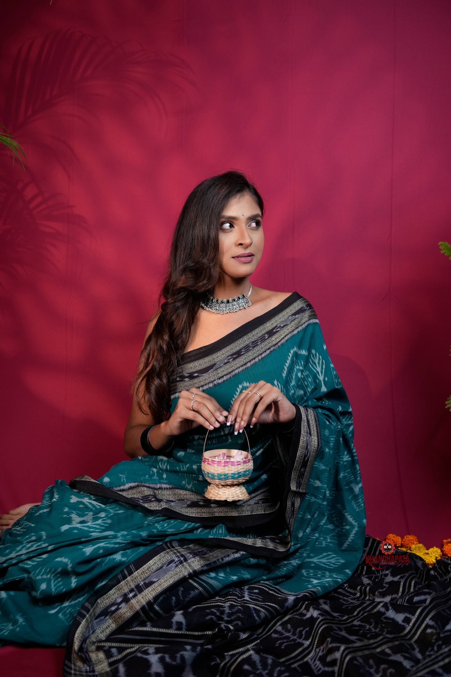 Black & Turquoise Blue Colour Tribal Design Cotton Saree For Women