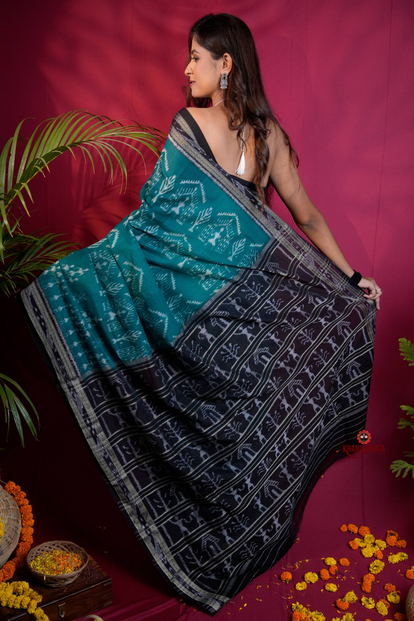 Black & Turquoise Blue Colour Tribal Design Cotton Saree For Women