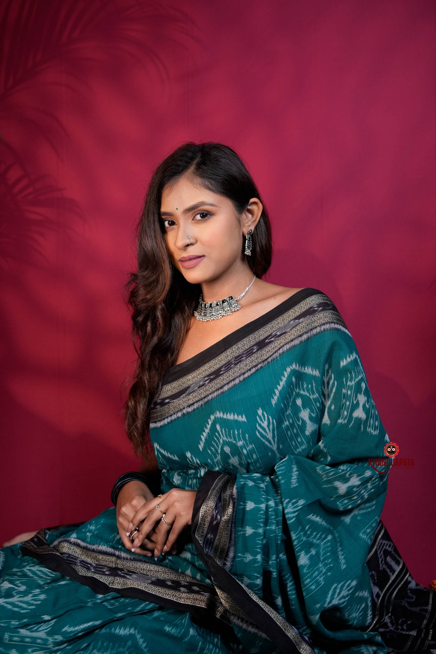 Black & Turquoise Blue Colour Tribal Design Cotton Saree For Women