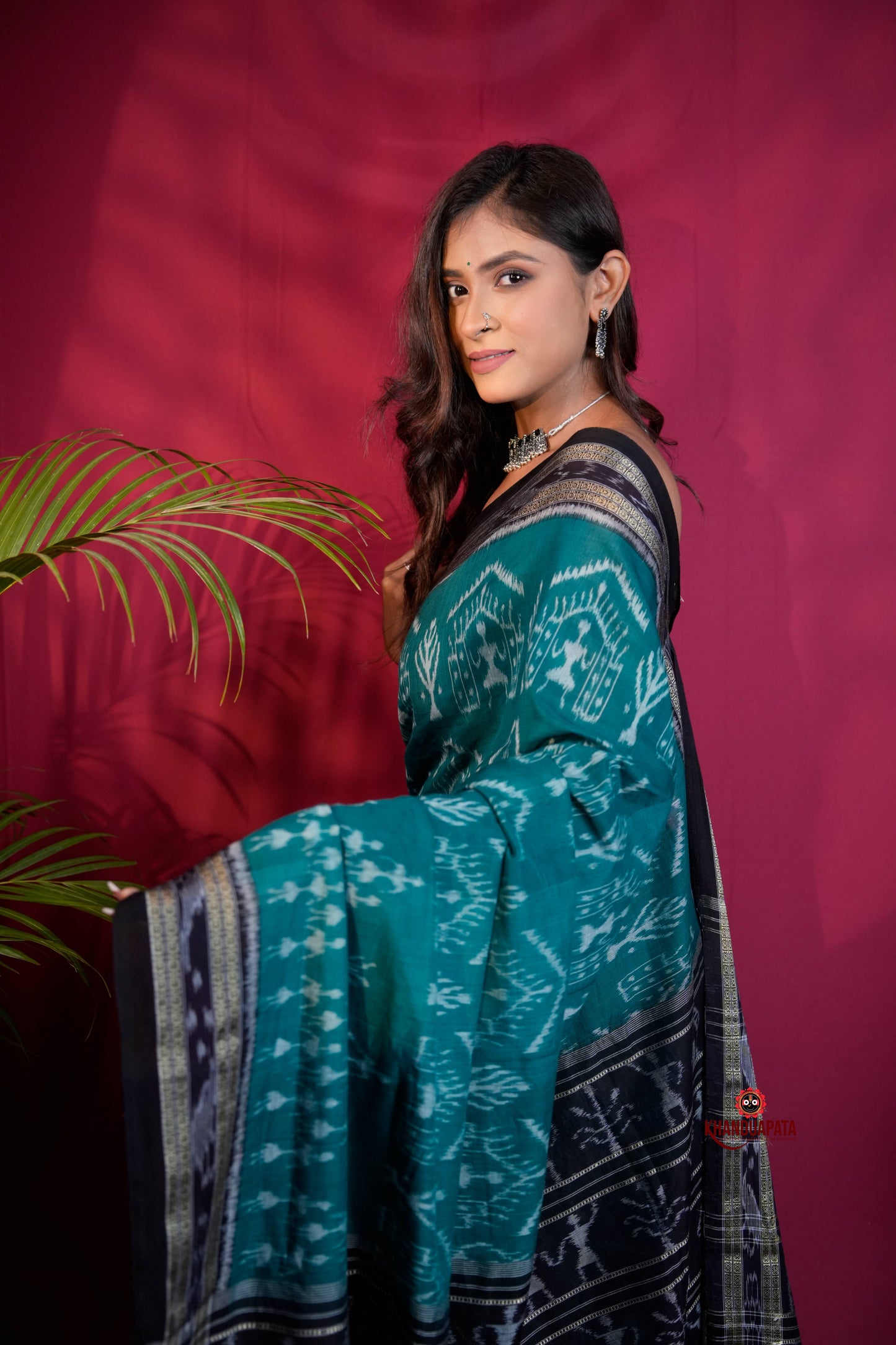 Black & Turquoise Blue Colour Tribal Design Cotton Saree For Women