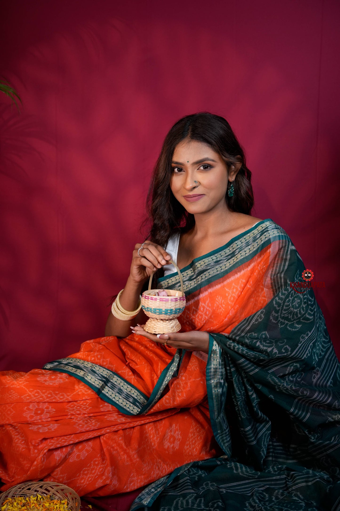 Orange & Teal Colour Body Design Cotton Saree For Women