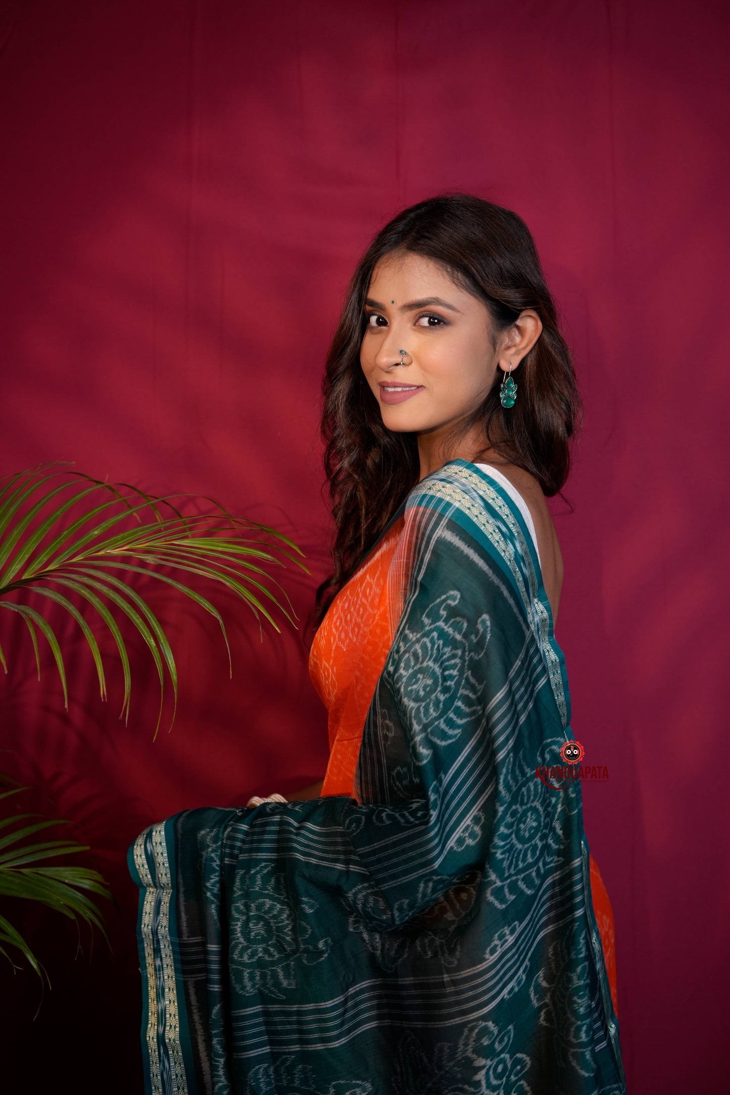 Orange & Teal Colour Body Design Cotton Saree For Women