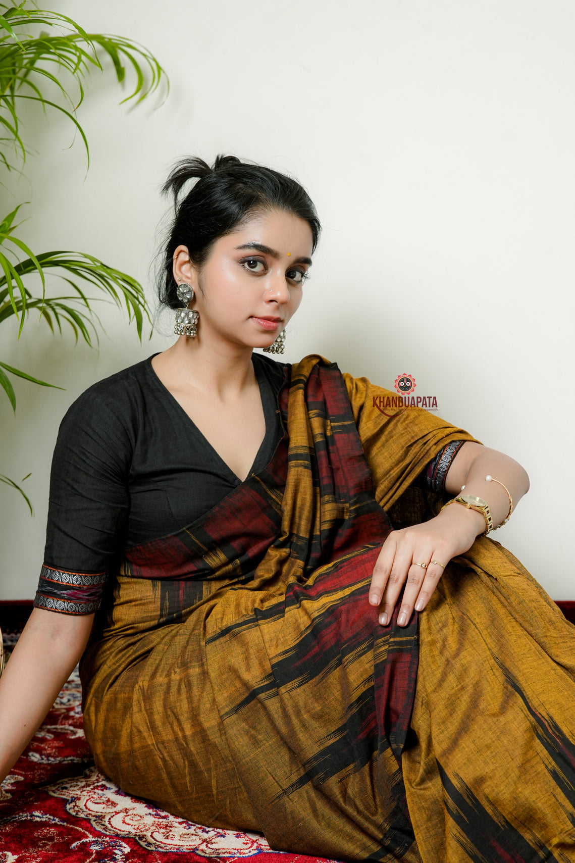 Woman in a traditional saree sitting on a patterned rug with a plant in the background