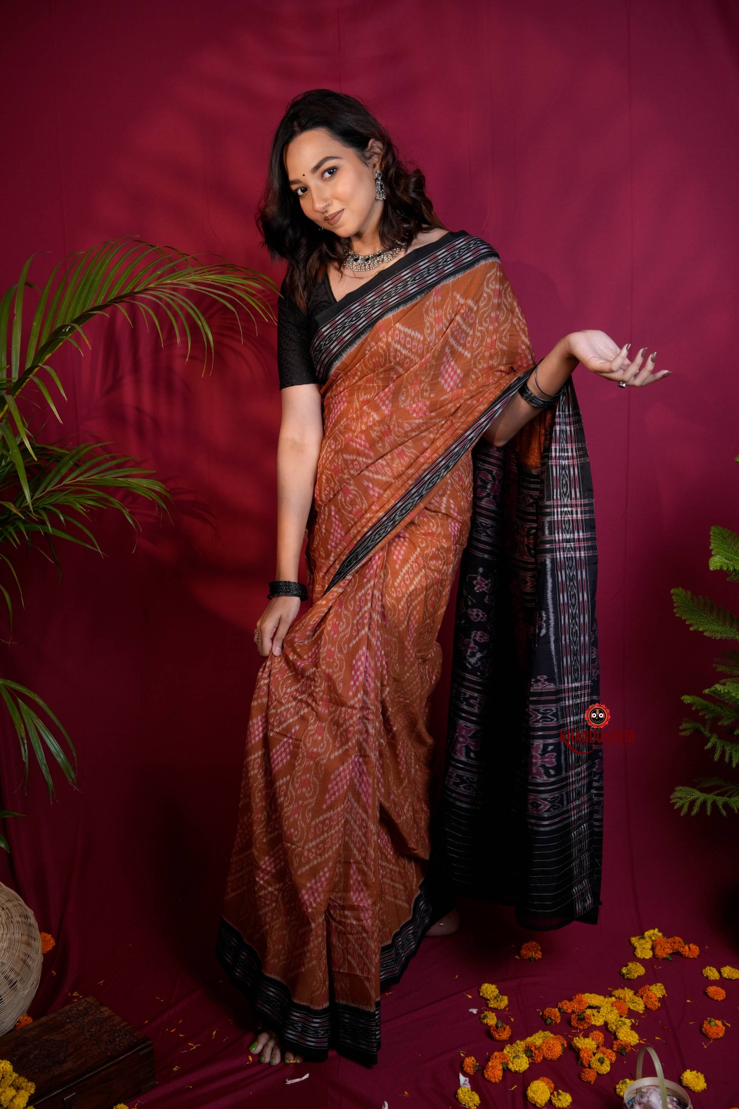 Brown & Black Colour Body Design Cotton Saree For Women