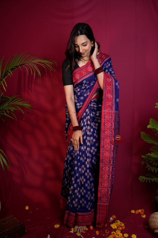 Red & Blue Colour Pasapali Border Body Design Cotton Saree For Women