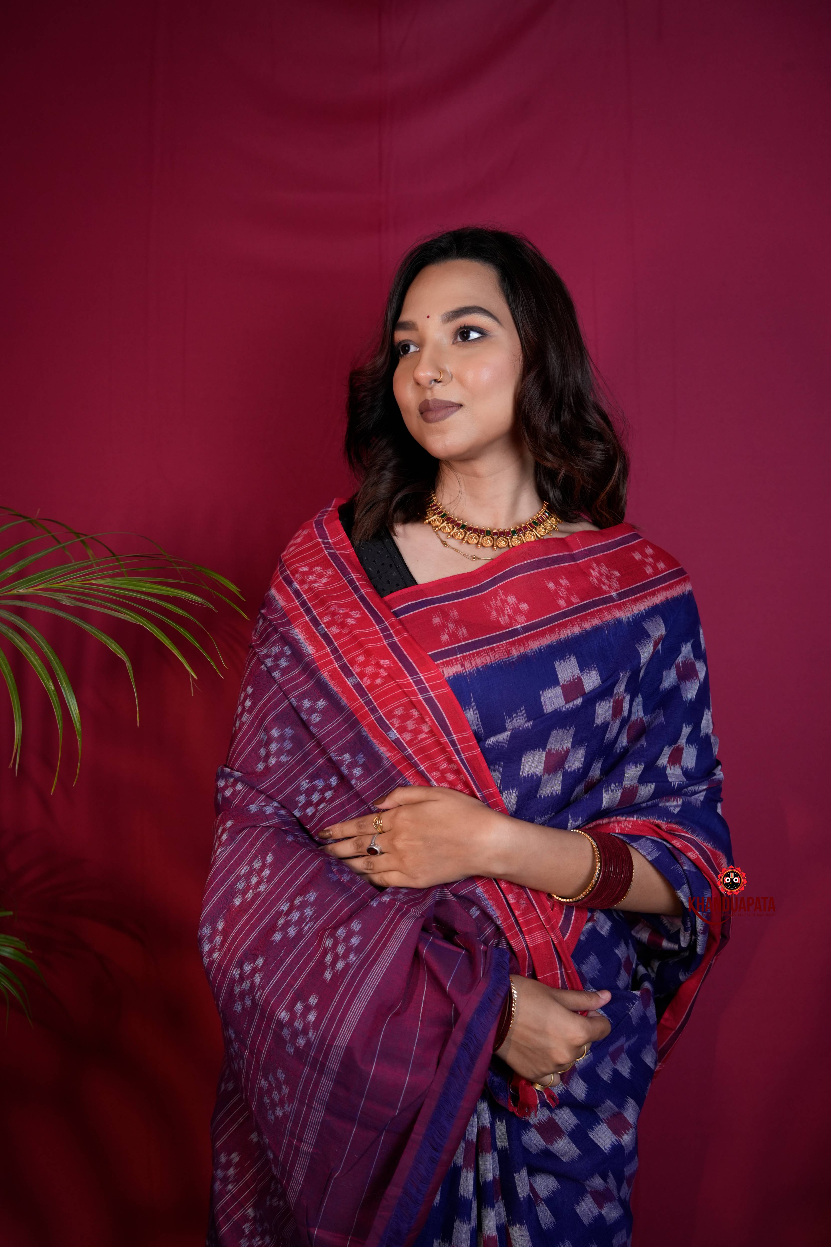 Red & Blue Colour Pasapali Border Body Design Cotton Saree For Women