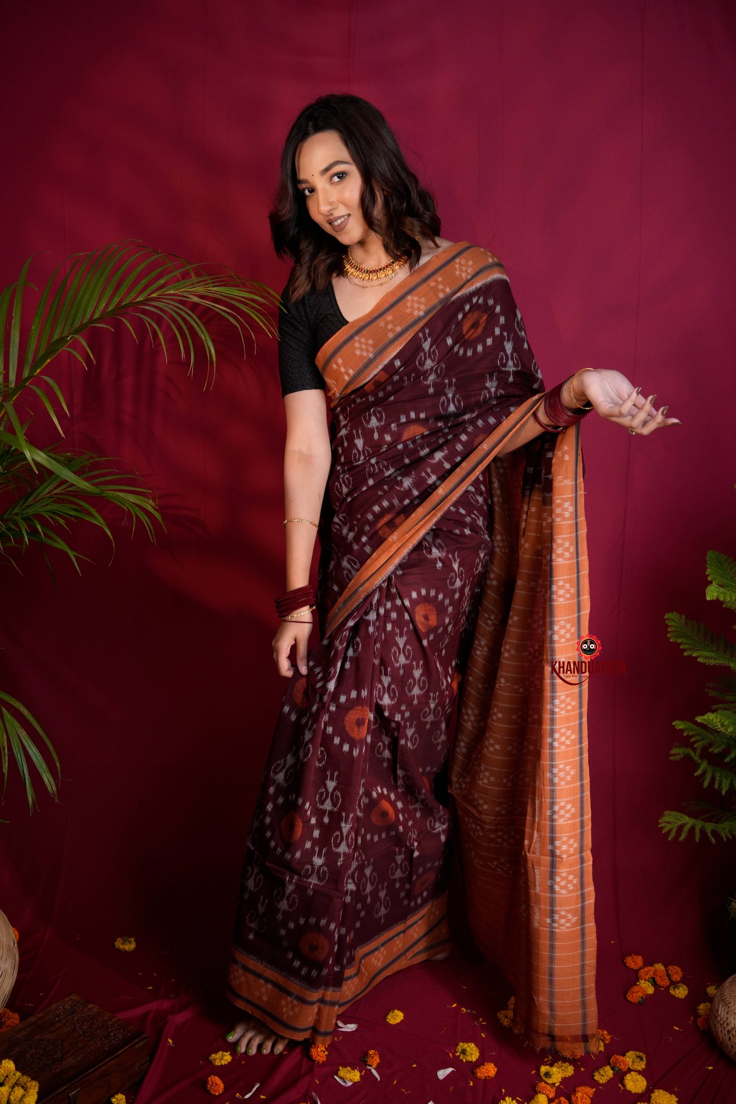 Maroon & Orange Colour Pasapali Border Body Design Cotton Saree For Women