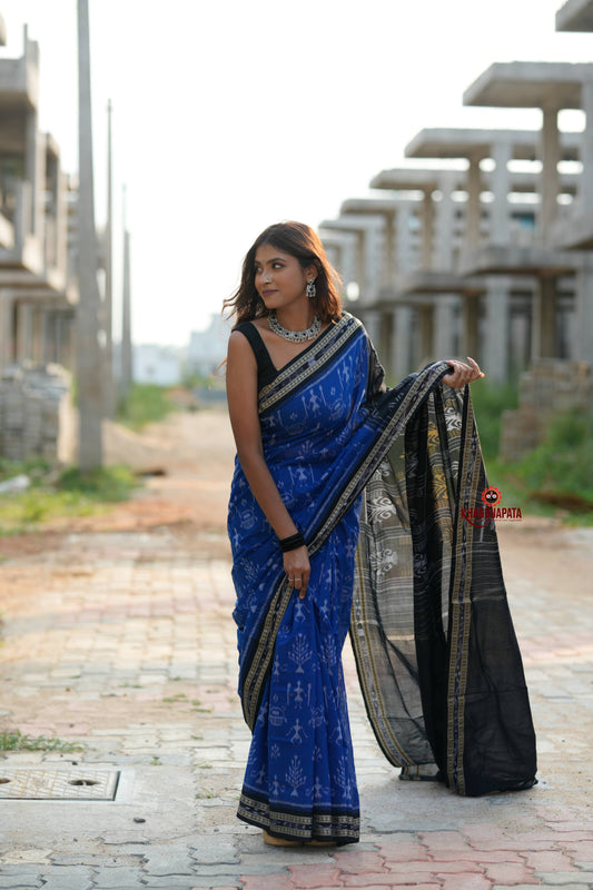 Blue & Black Colour Doll Design Cotton Saree For Women