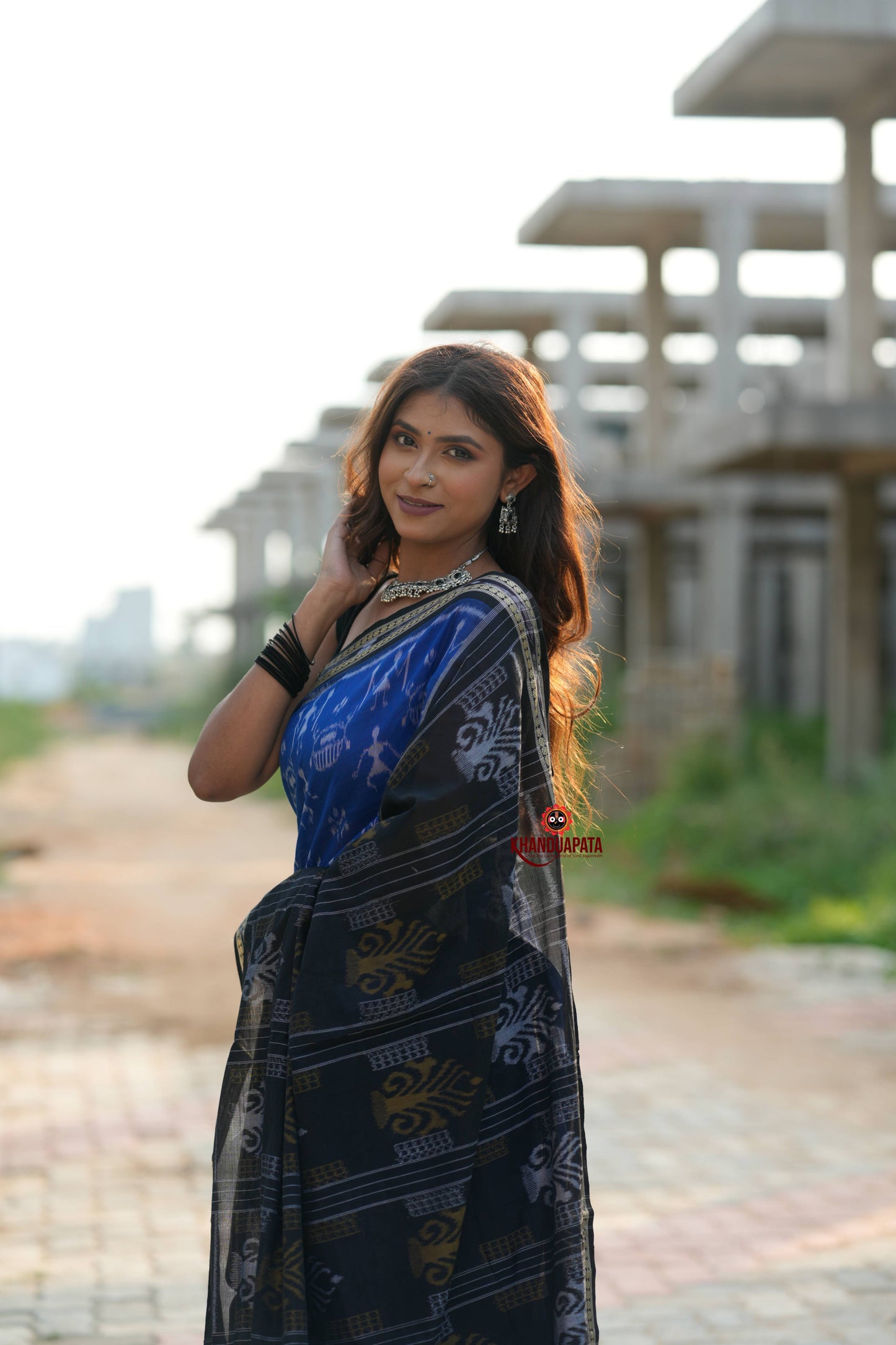 Blue & Black Colour Doll Design Cotton Saree For Women