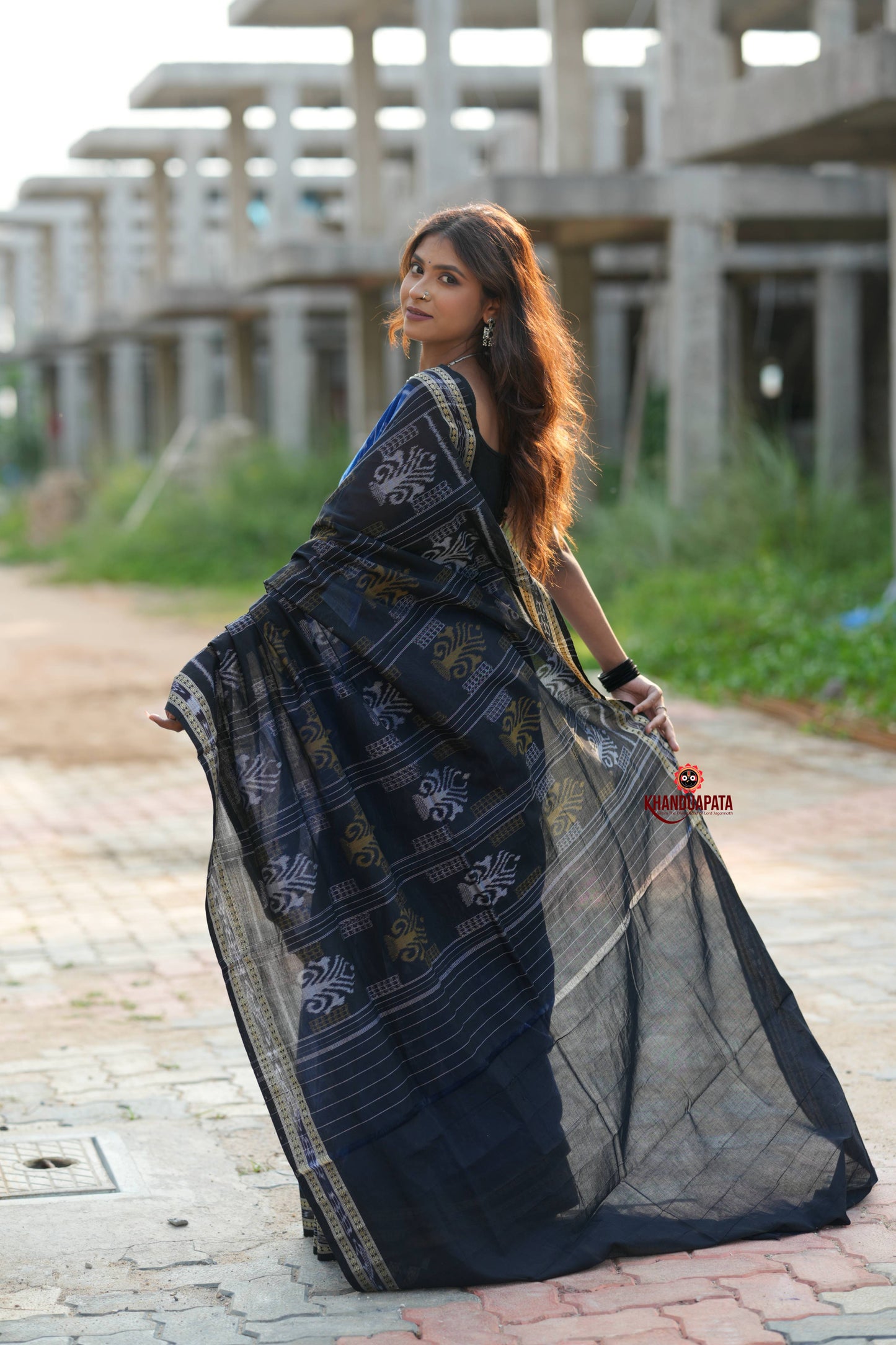 Blue & Black Colour Doll Design Cotton Saree For Women