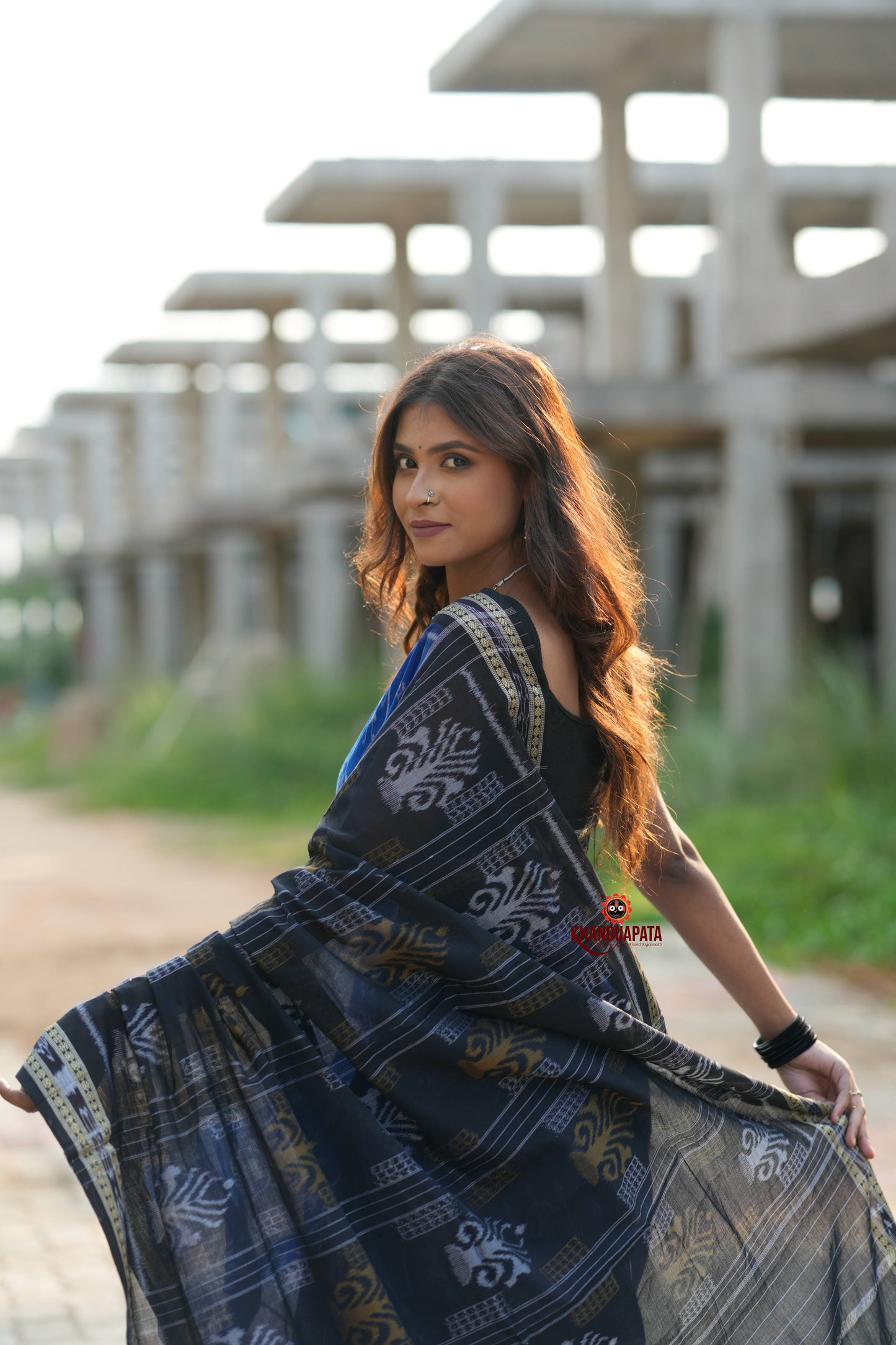 Blue & Black Colour Doll Design Cotton Saree For Women