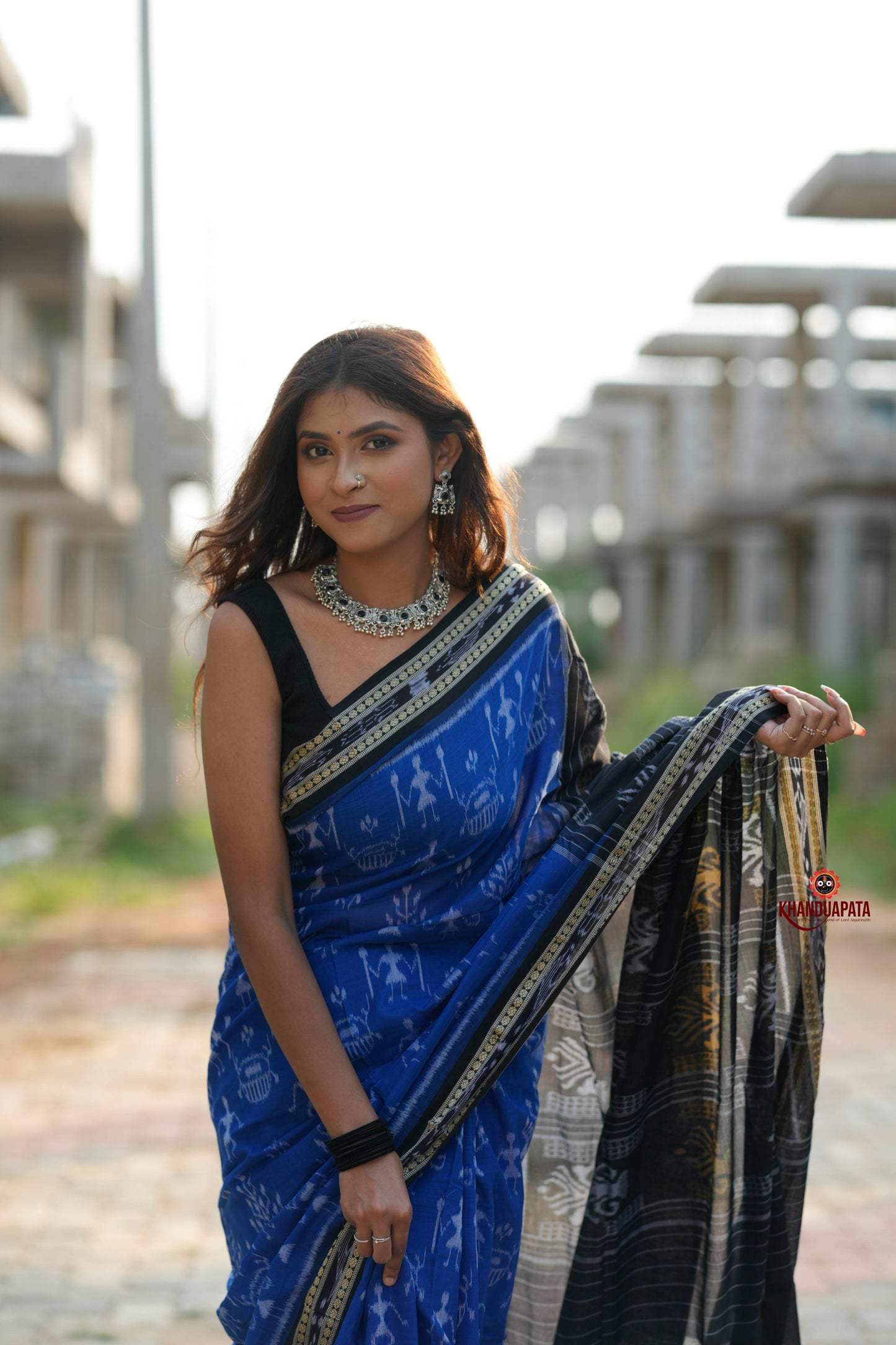 Blue & Black Colour Doll Design Cotton Saree For Women