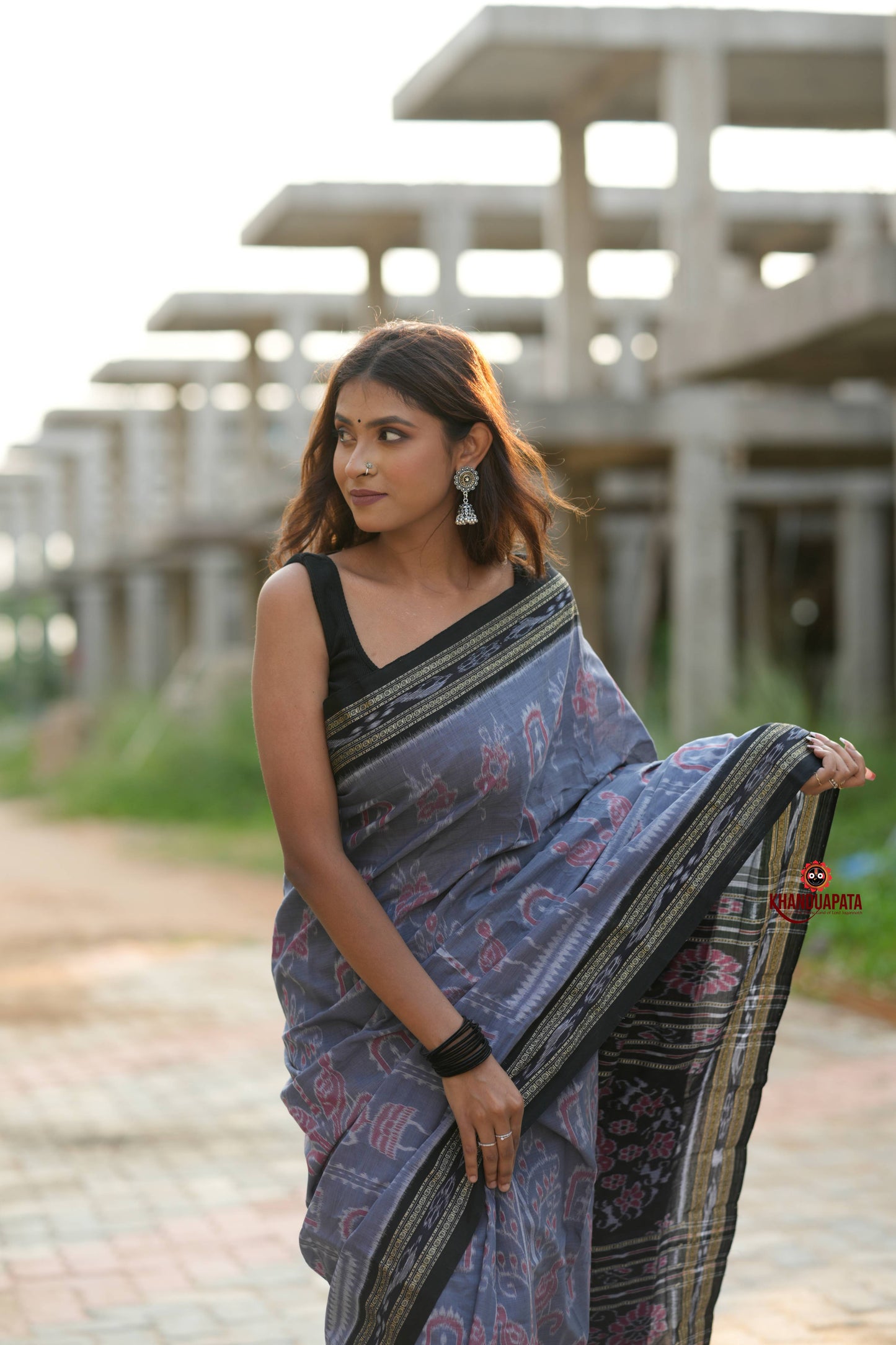 Black & Grey Body Design Cotton Saree For Women