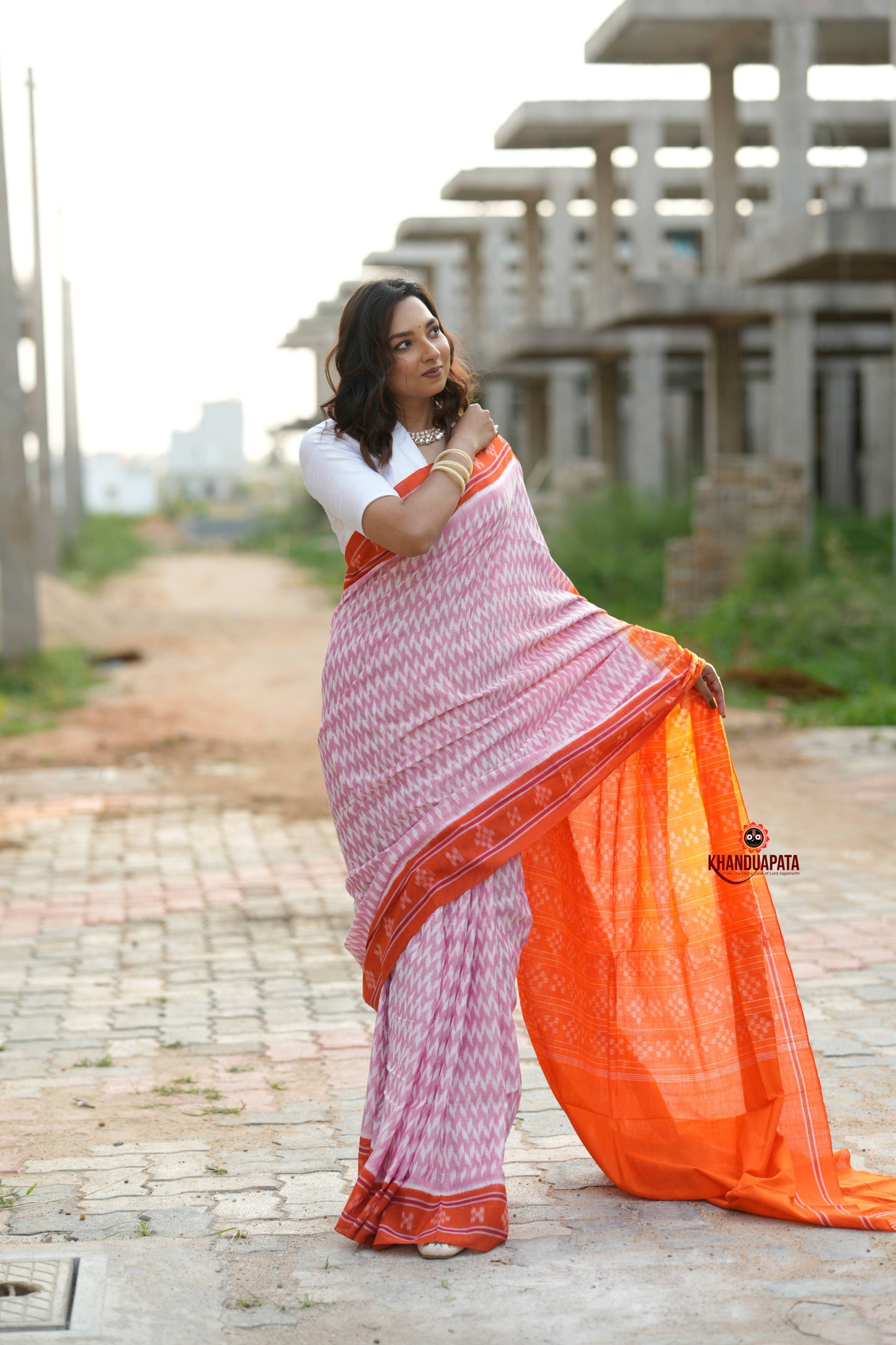 Orange & Pink Border Pasapali Design Cotton Saree For Women