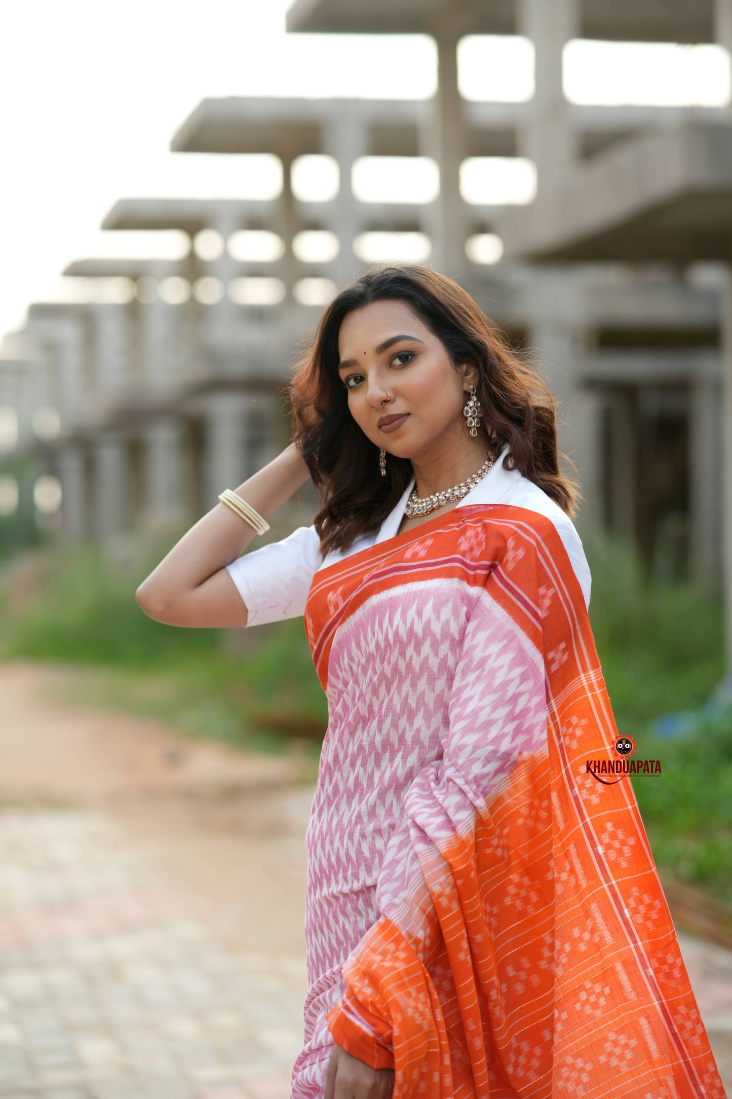Orange & Pink Border Pasapali Design Cotton Saree For Women