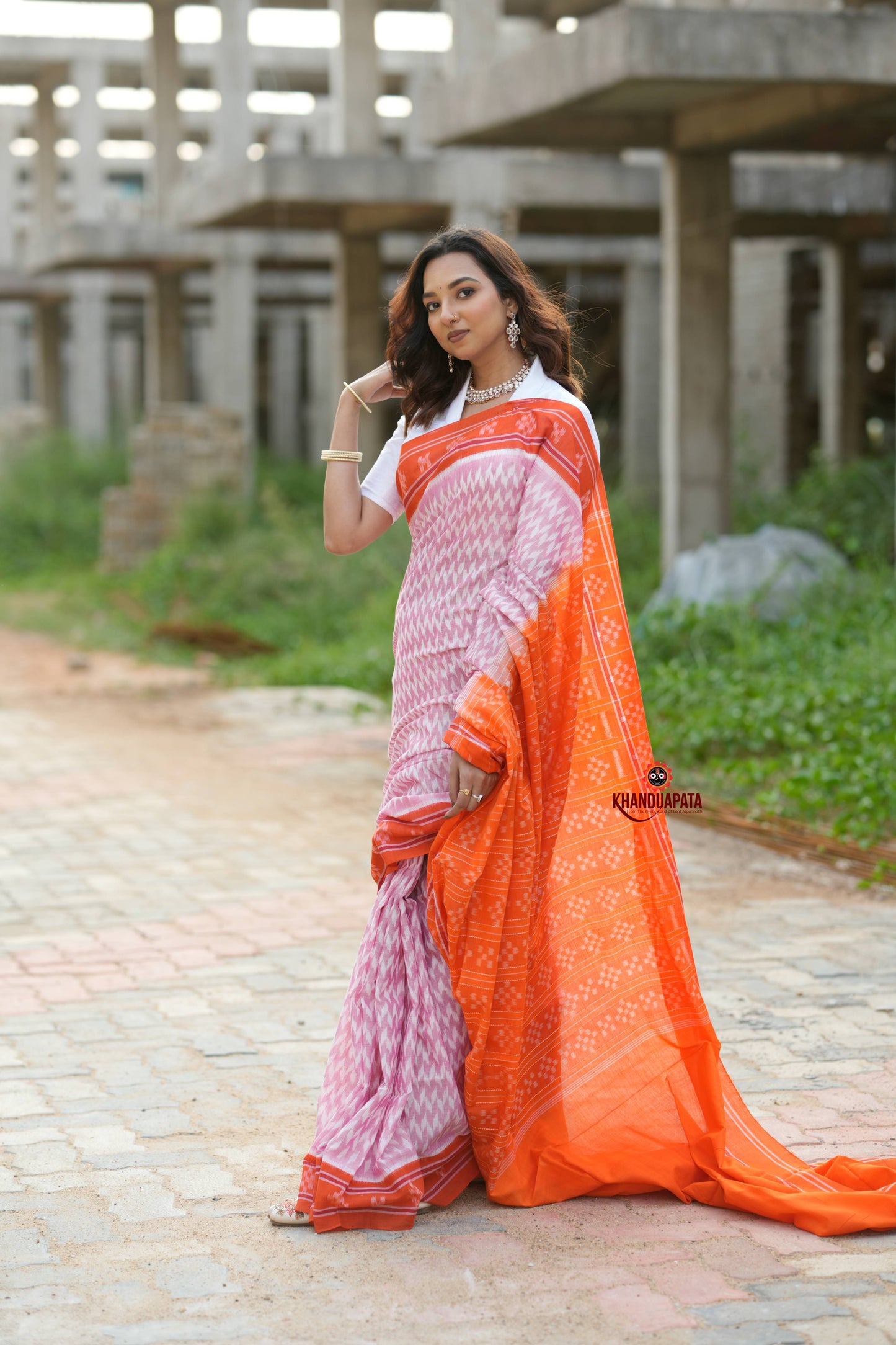 Orange & Pink Border Pasapali Design Cotton Saree For Women