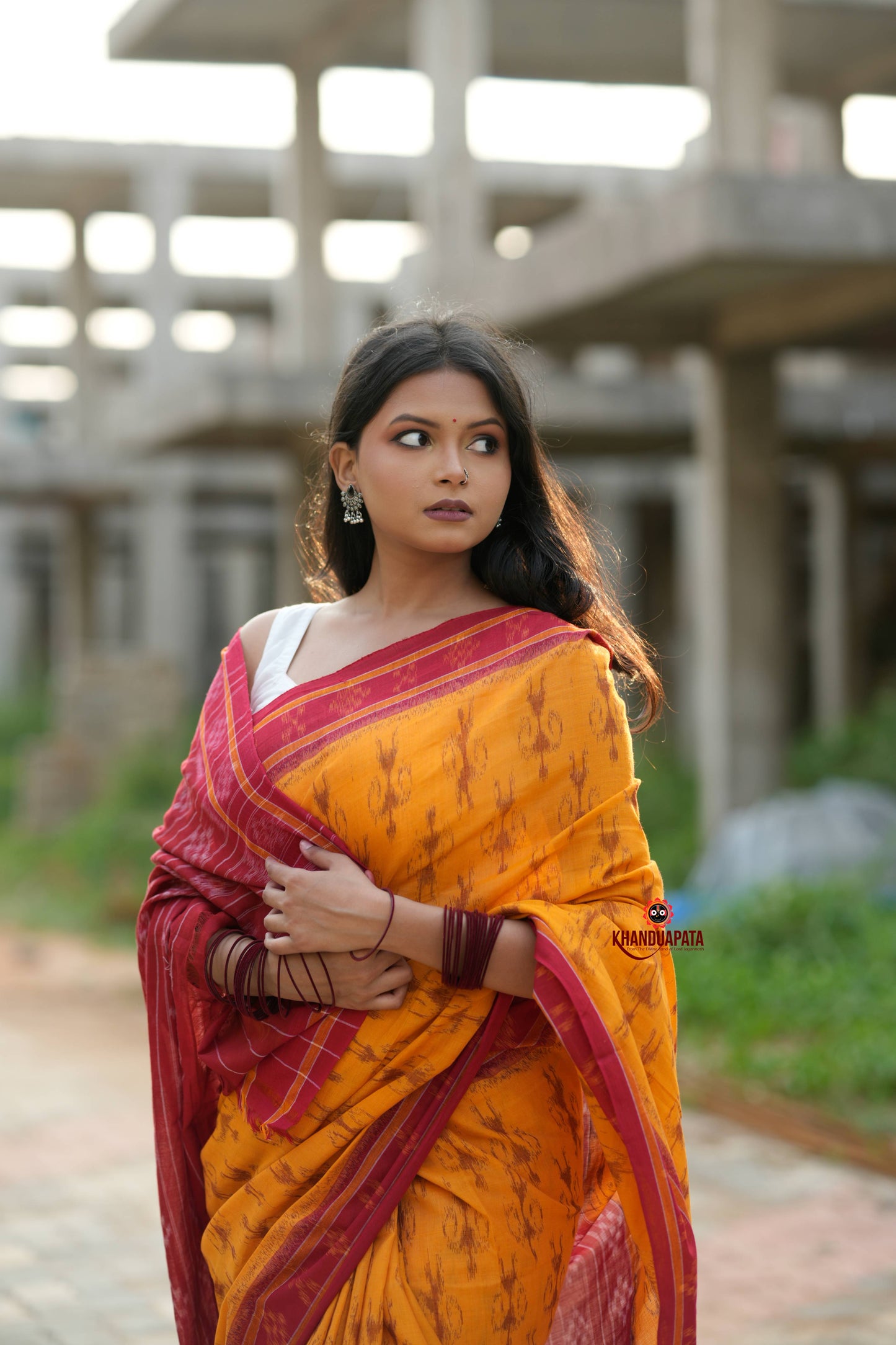 Red & Yellow Doll Design Cotton Saree For Women