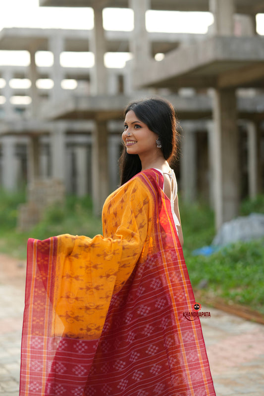 Red & Yellow Doll Design Cotton Saree For Women