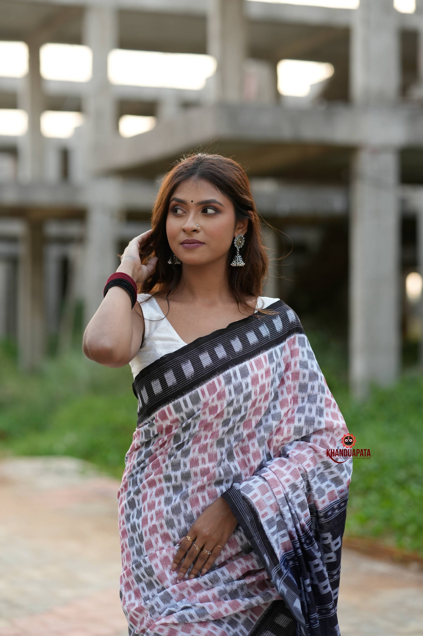 White & Black Multi Colour Box Design Cotton Saree For Women